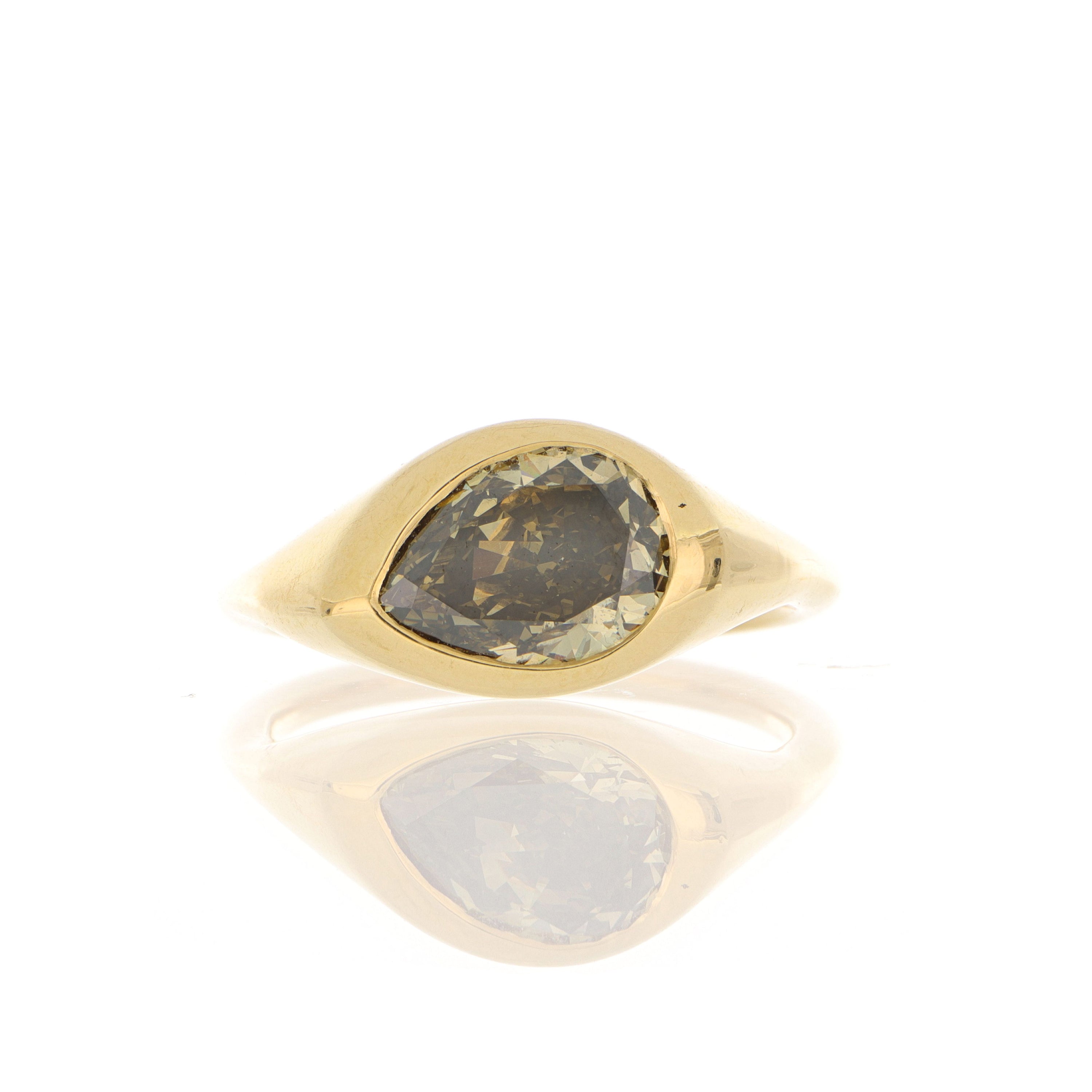 18k Yellow Gold Fancy Colored Pear Shaped Funky Bezel Solitaire Engagement Ring - Charles Koll Jewelers