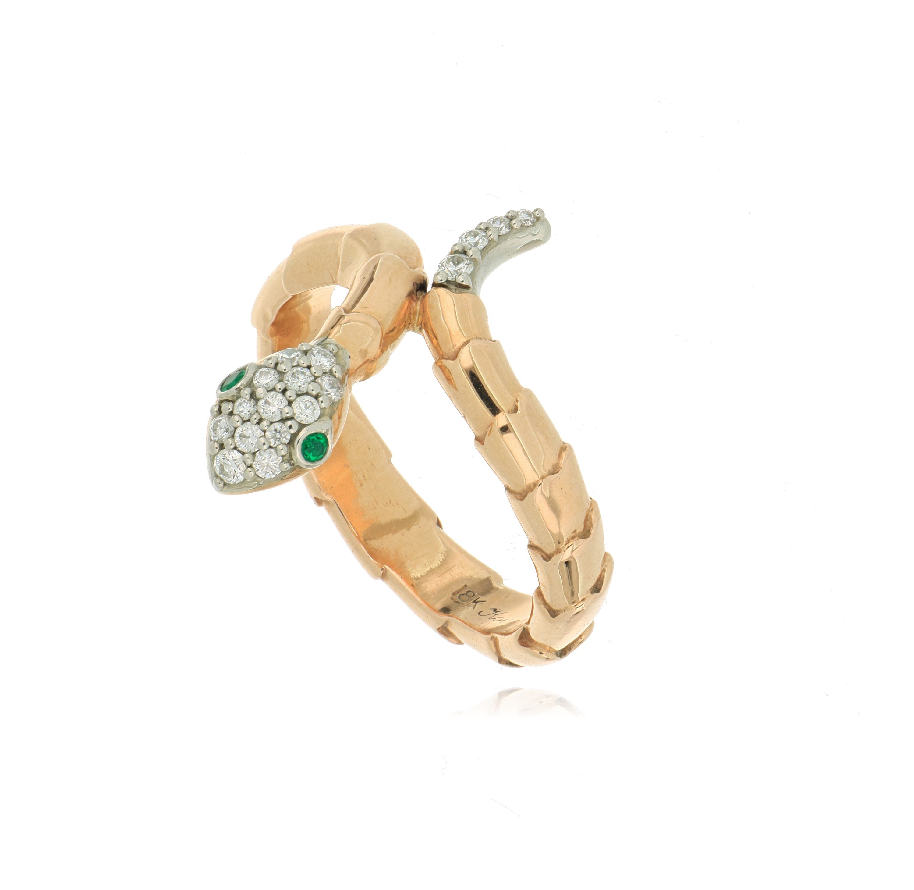 18k Rose Gold Diamond and Emerald Accented Snake Ring
