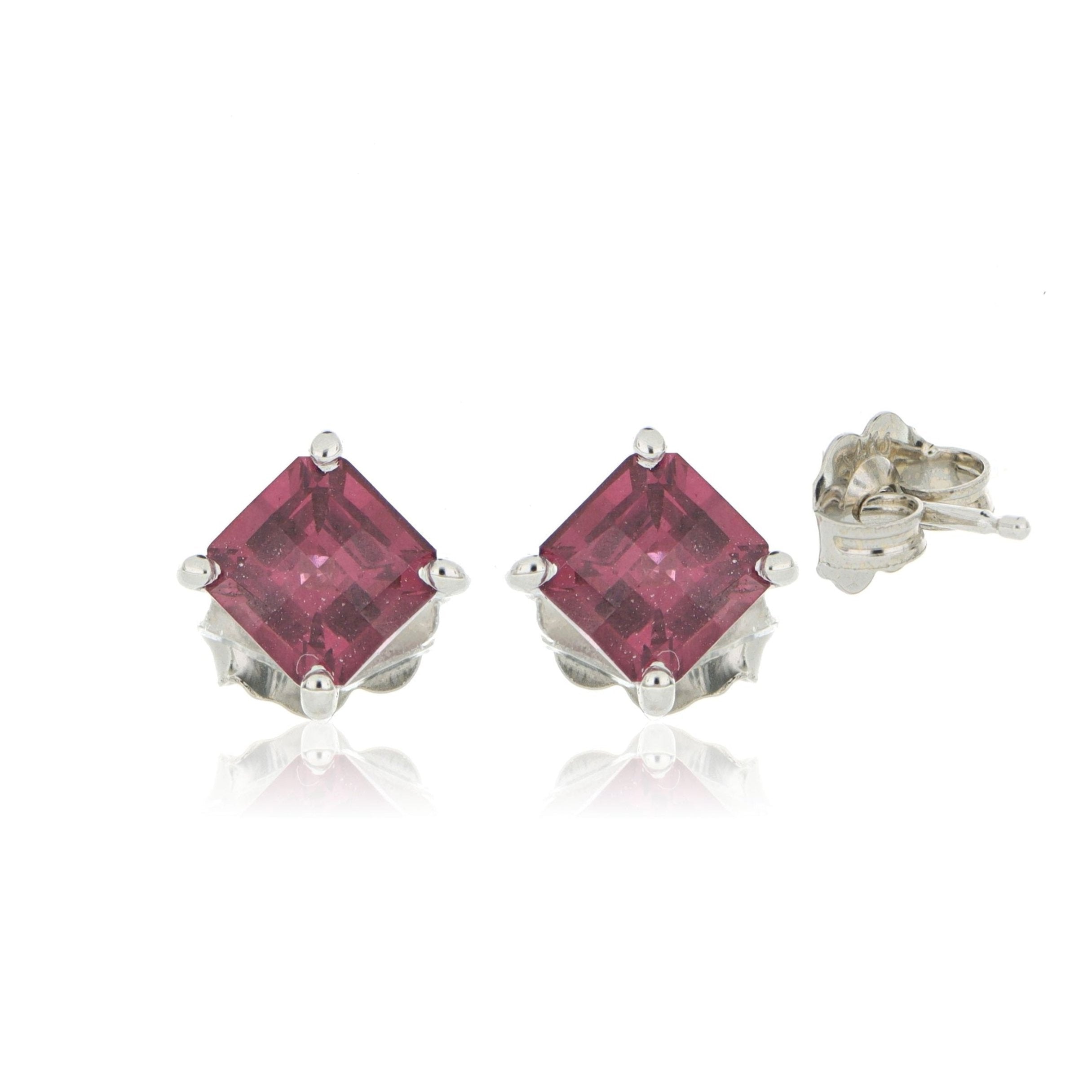 14k White Gold Square Rhodolite Garnet Studs