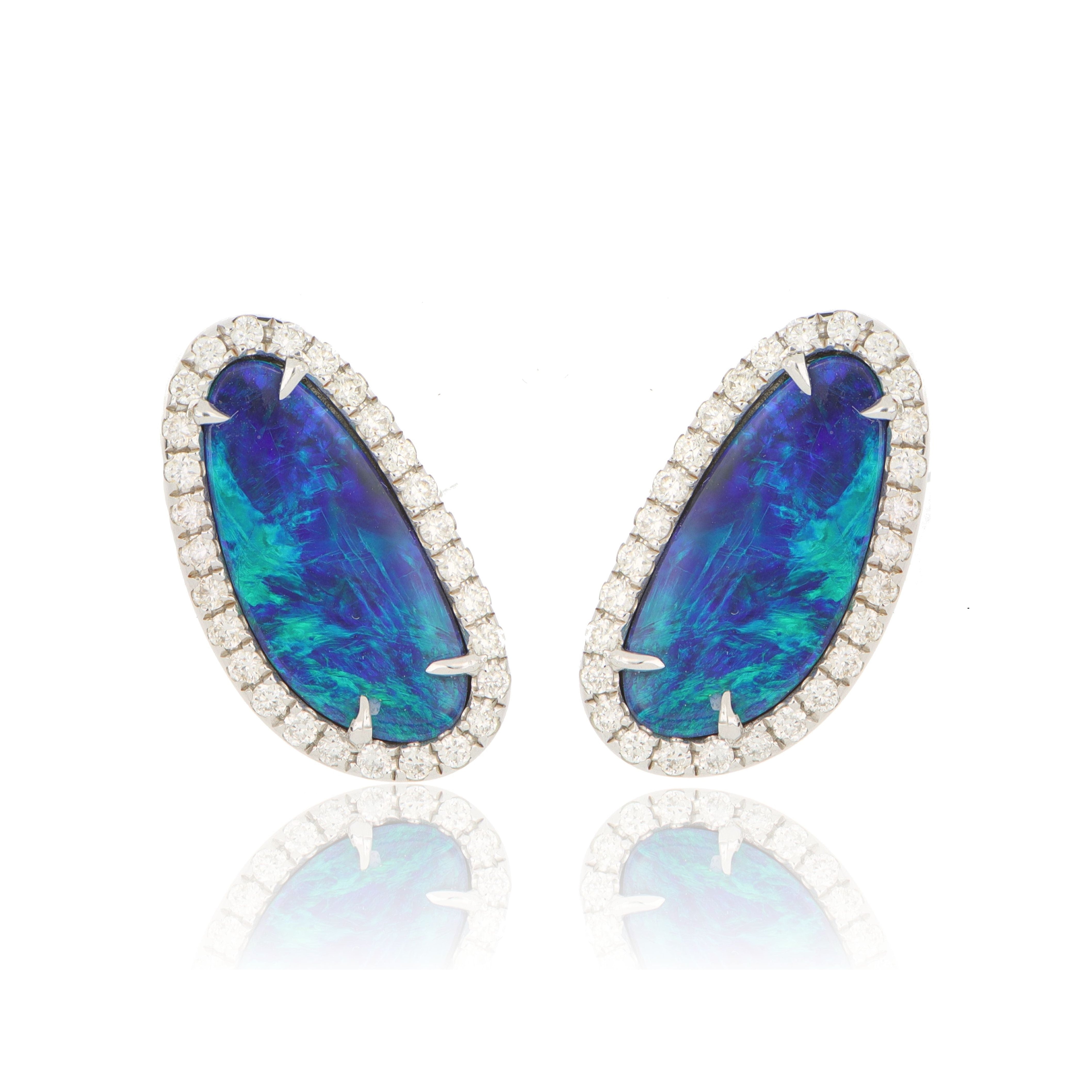 14k White Gold Diamond Halo Accented Freeform Opal Studs