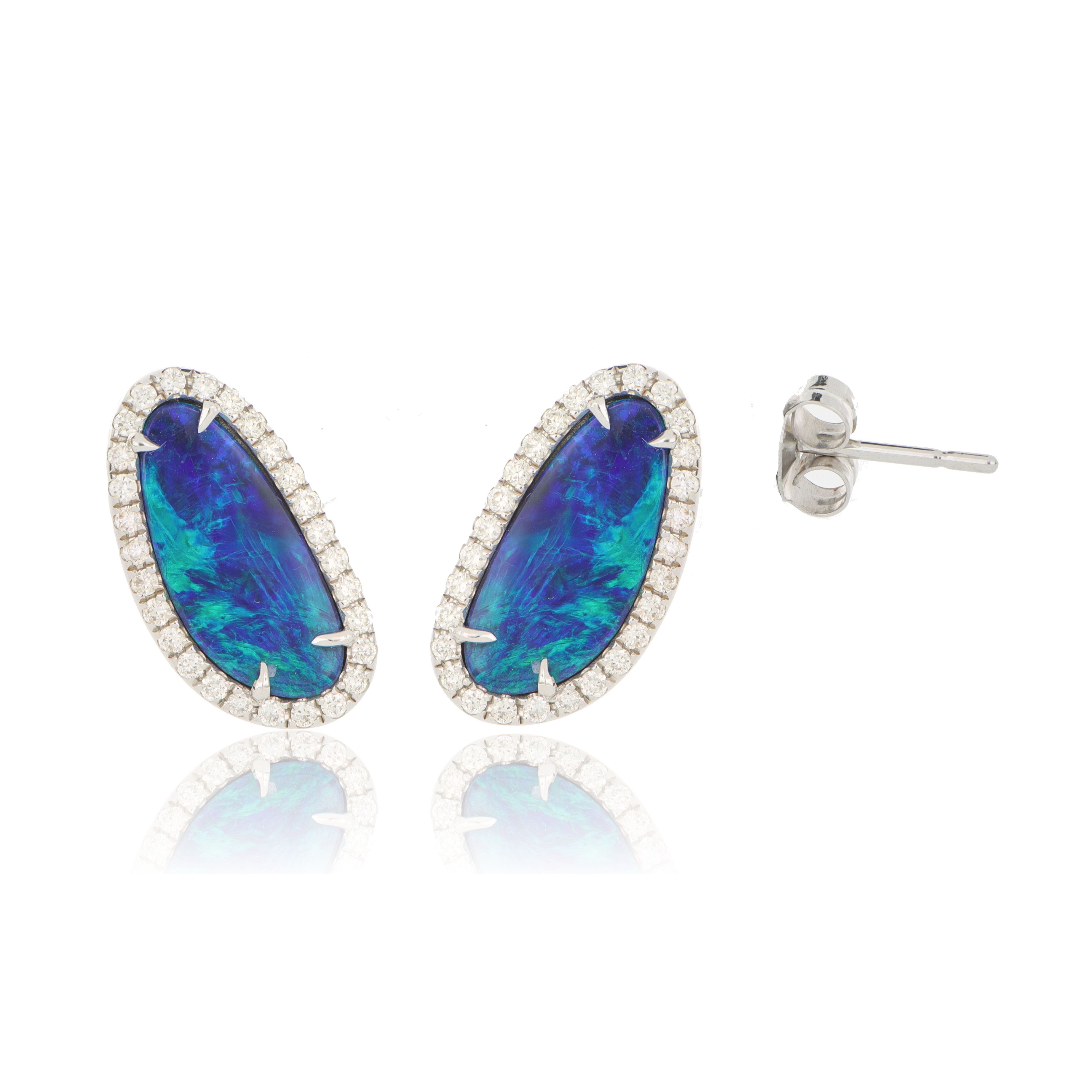 14k White Gold Diamond Halo Accented Freeform Opal Studs