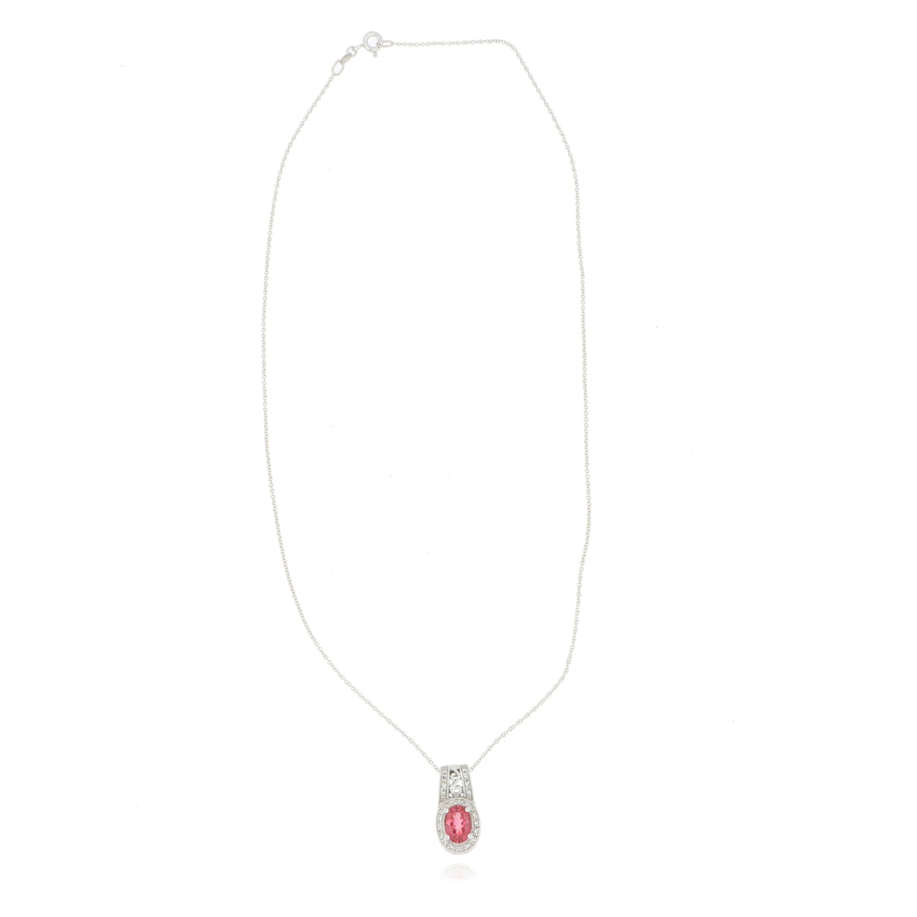 14k White Gold Oval Shaped Diamond Accented Pink Tourmaline and Diamond Necklace