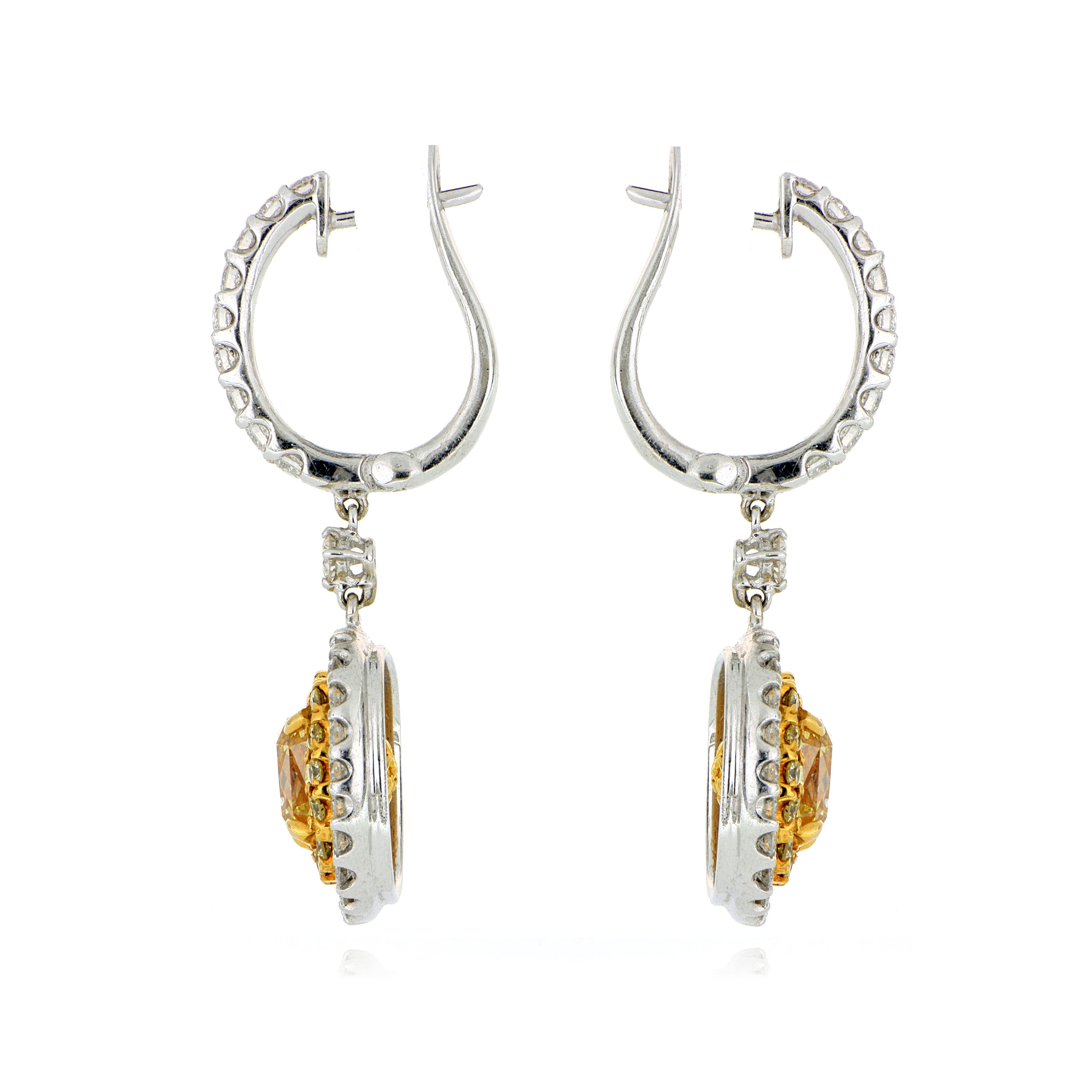 18k Yellow Gold Cushion Shaped Fancy Yellow Diamond Halo Earrings - Charles Koll Jewelers