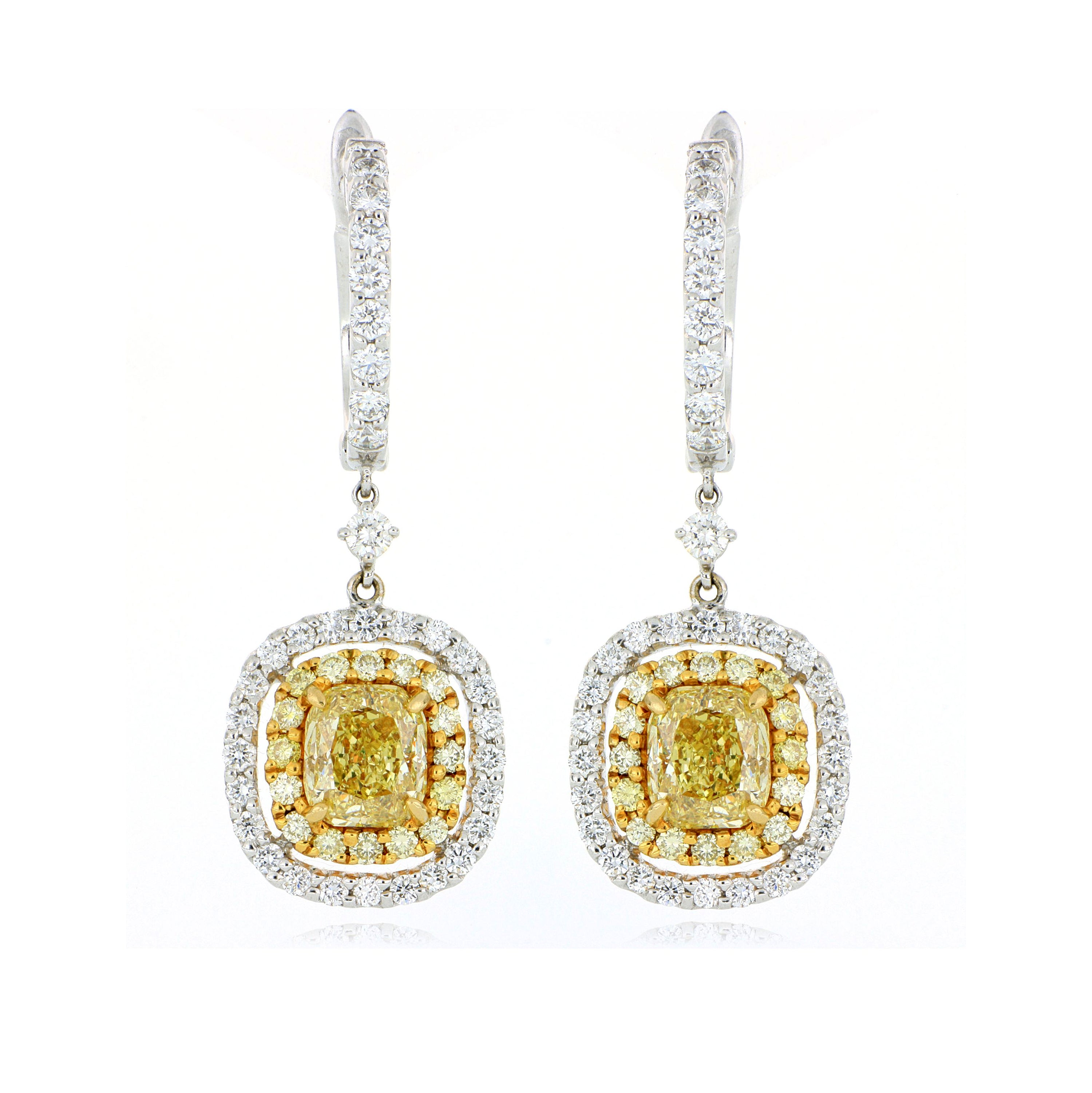 18k Yellow Gold Cushion Shaped Fancy Yellow Diamond Halo Earrings - Charles Koll Jewelers