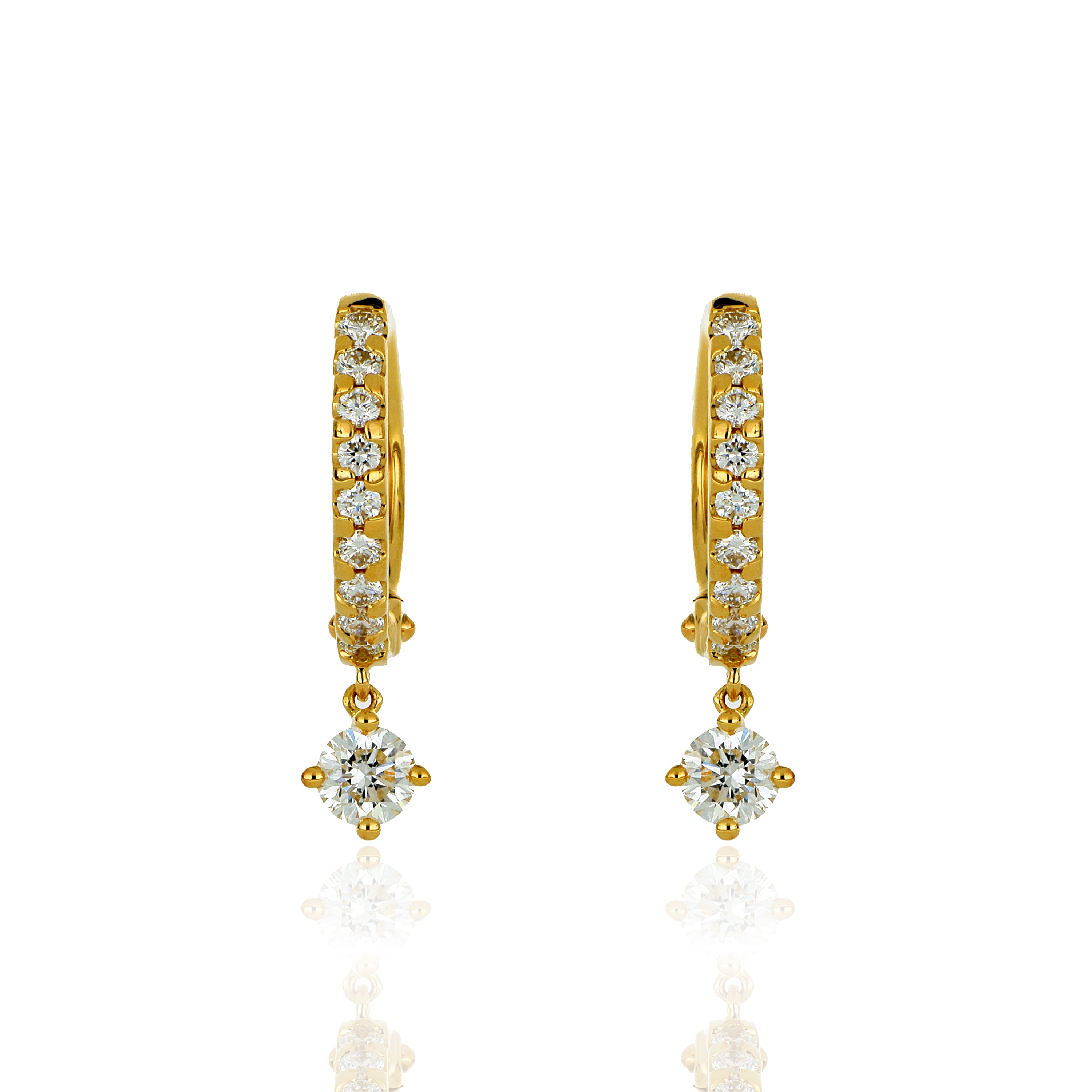 18k Yellow Gold Diamond Huggie Drop Earrings
