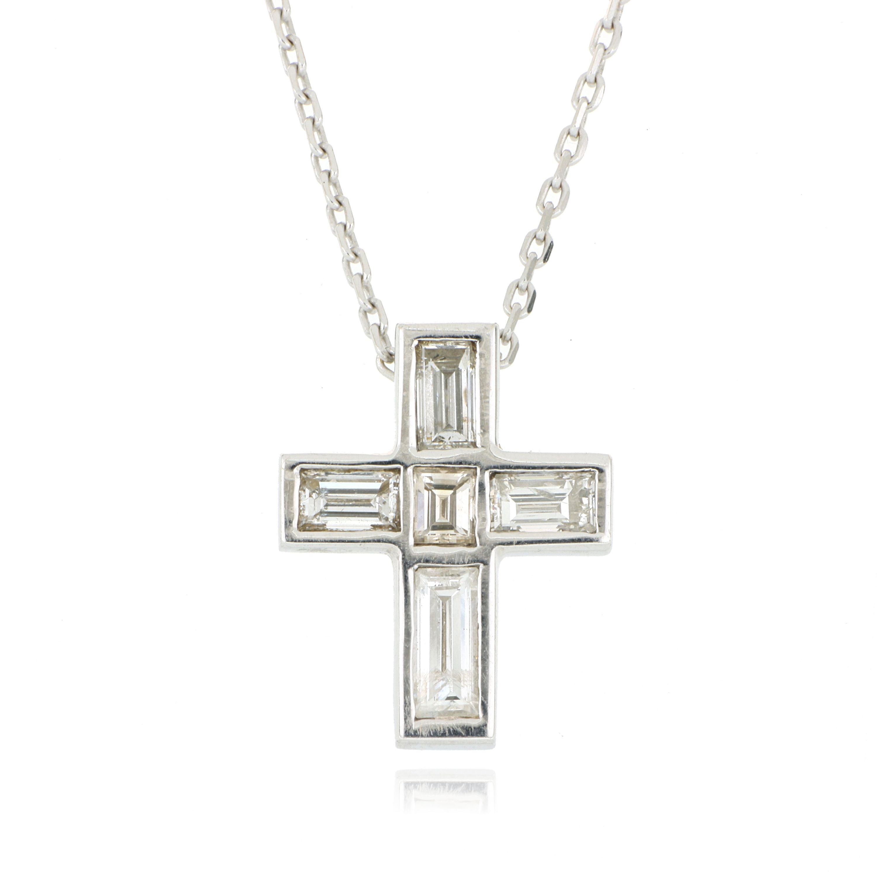 18k White Gold Baguette Diamond Cross Necklace