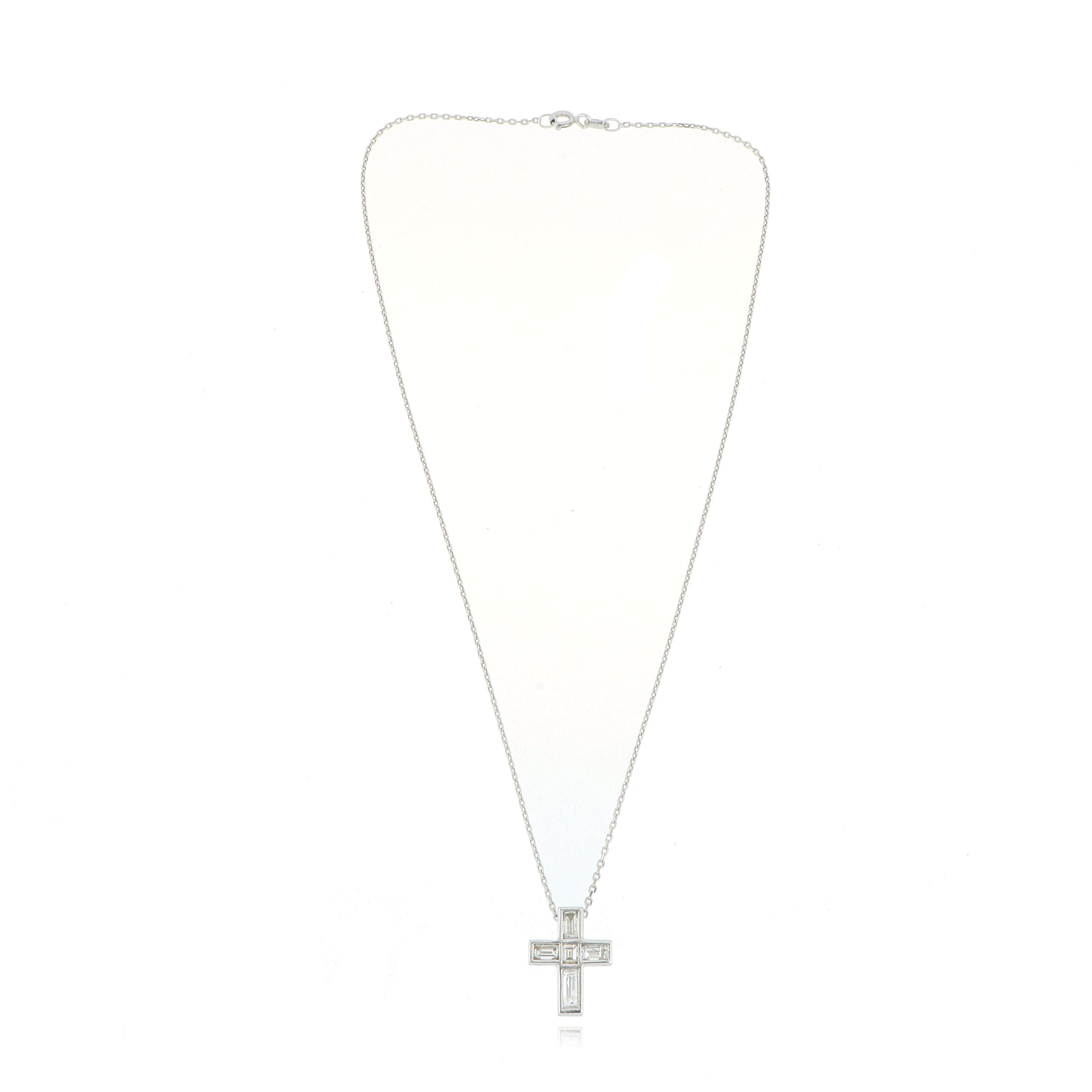 18k White Gold Baguette Diamond Cross Necklace