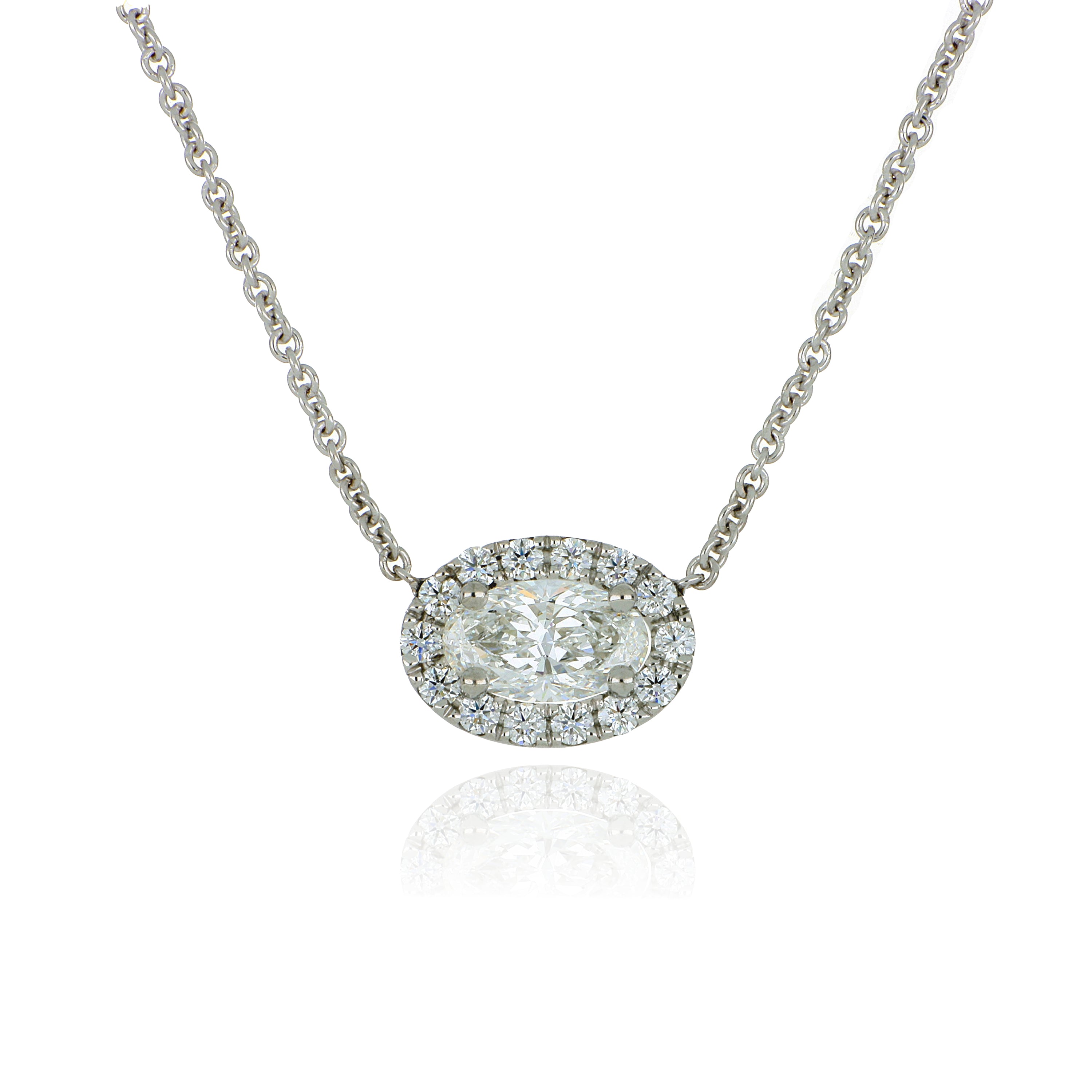 Platinum and 18k White Gold Oval Shaped Diamond Halo Necklace