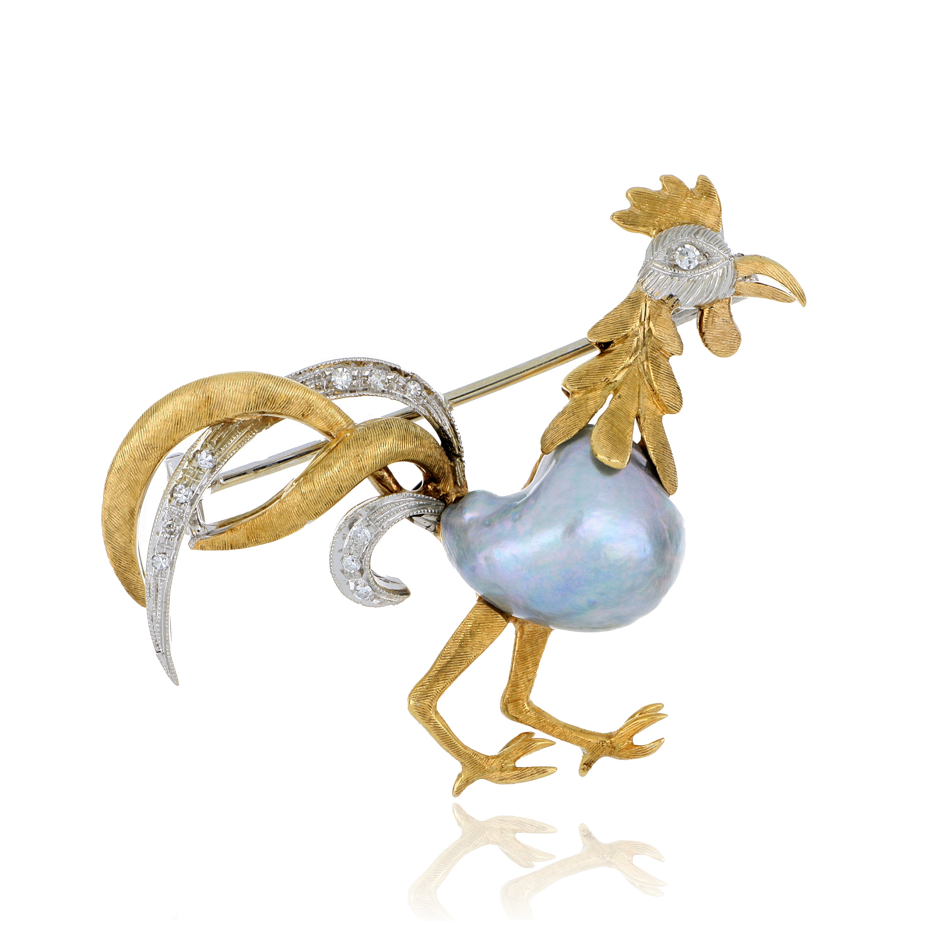 18k Pearl and Diamond Accented Rooster Brooch