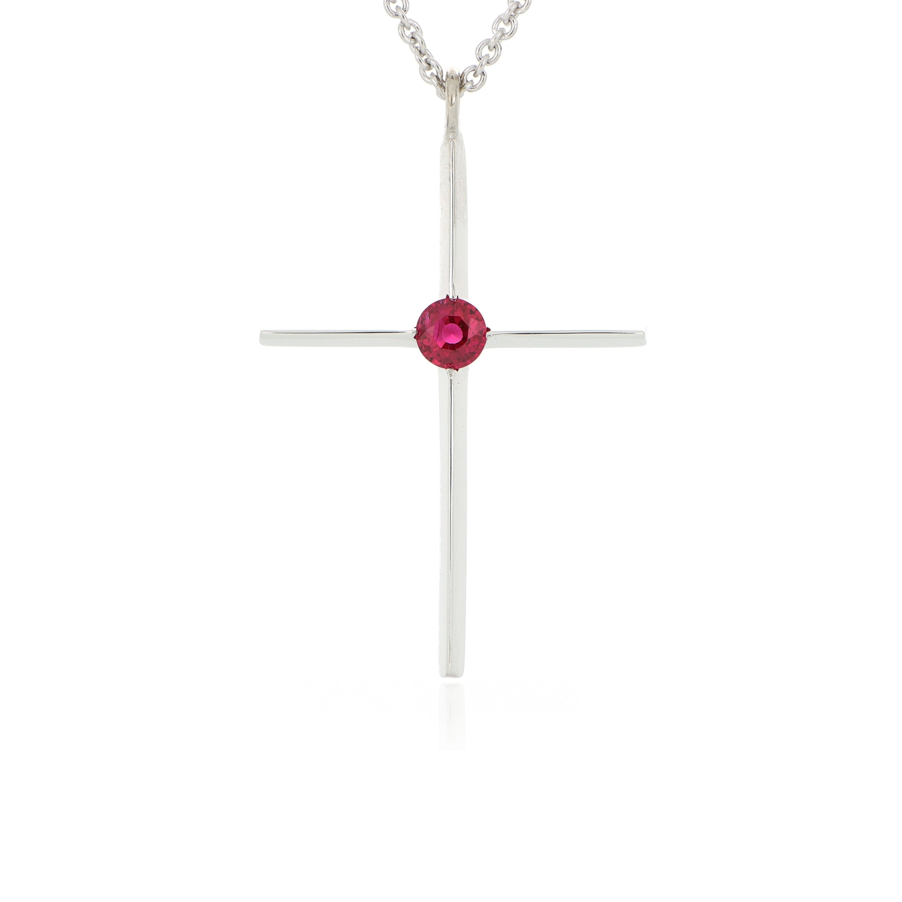 18k White Gold Knife Edge Cross with Ruby Center Necklace