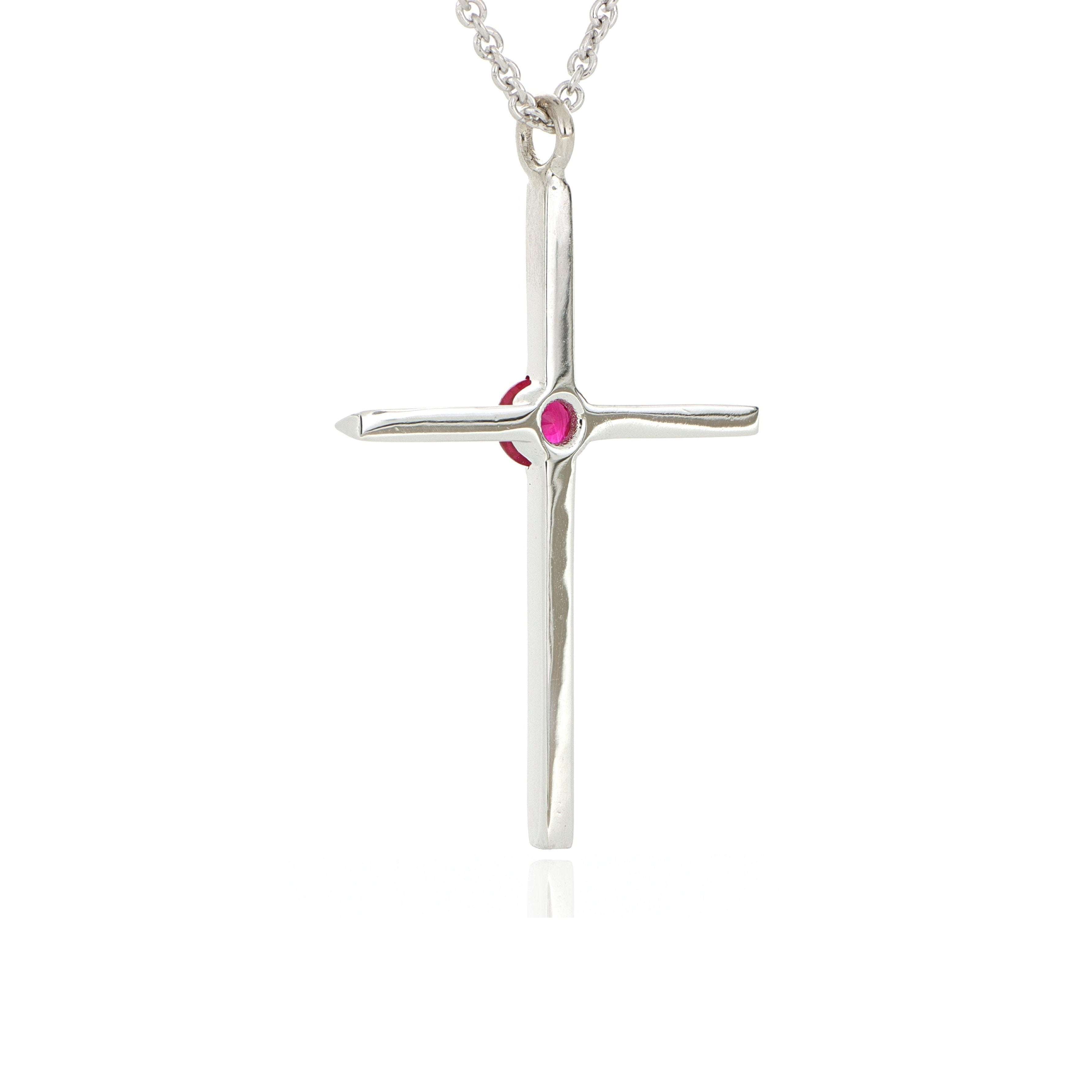 18k White Gold Knife Edge Cross with Ruby Center Necklace