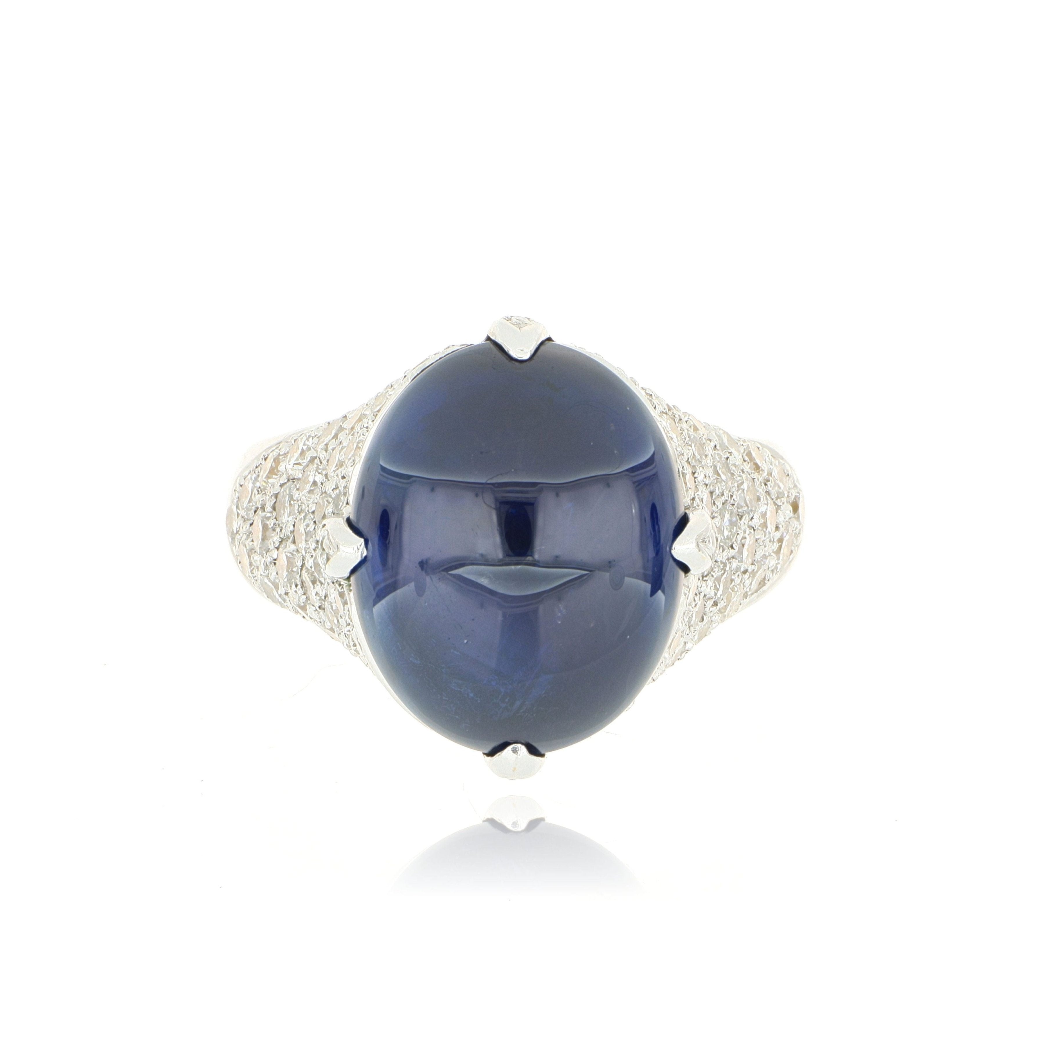 18k White Gold Blue Cabochon Sapphire Ring with Diamonds