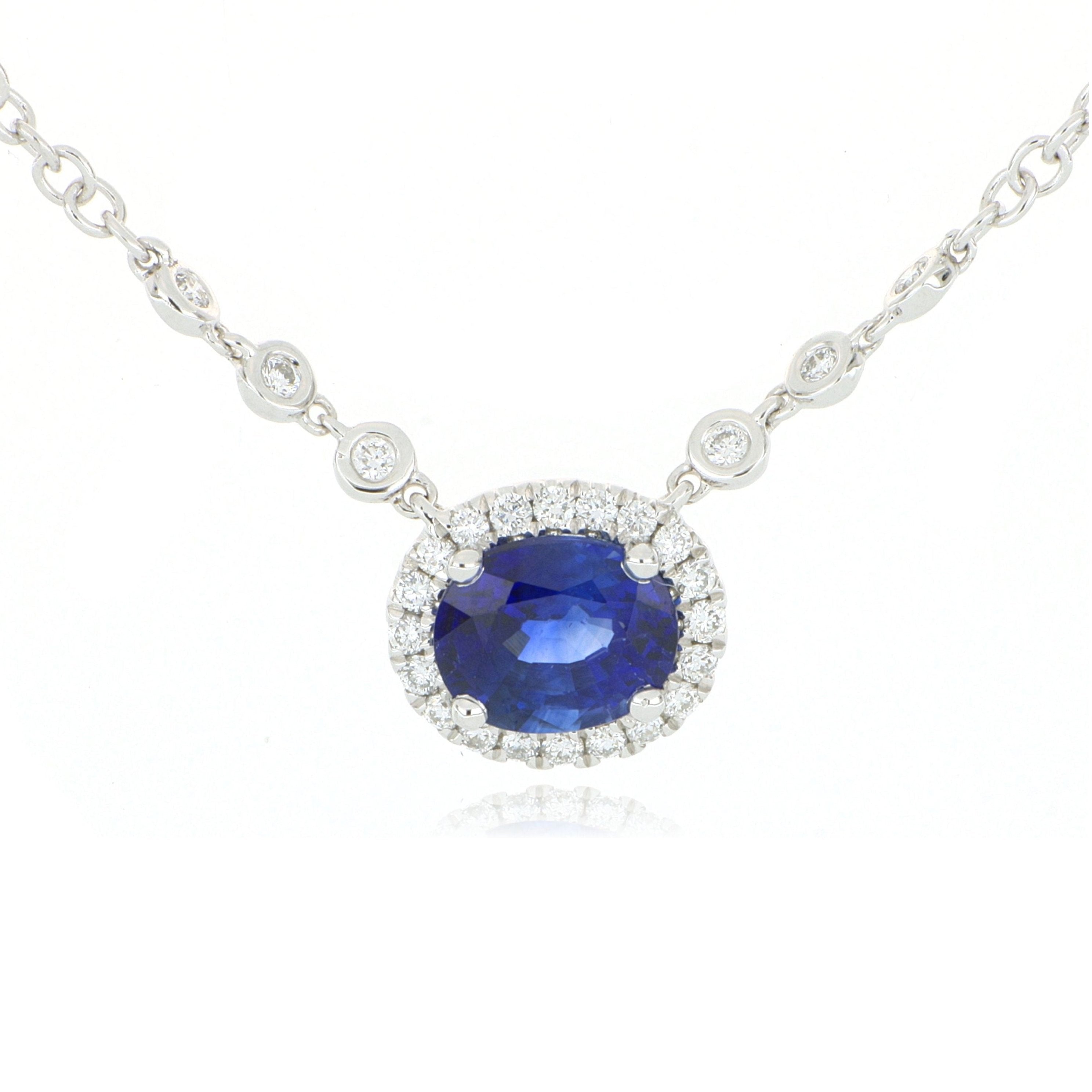 18k White Gold Blue Sapphire Diamond Accented Halo Necklace