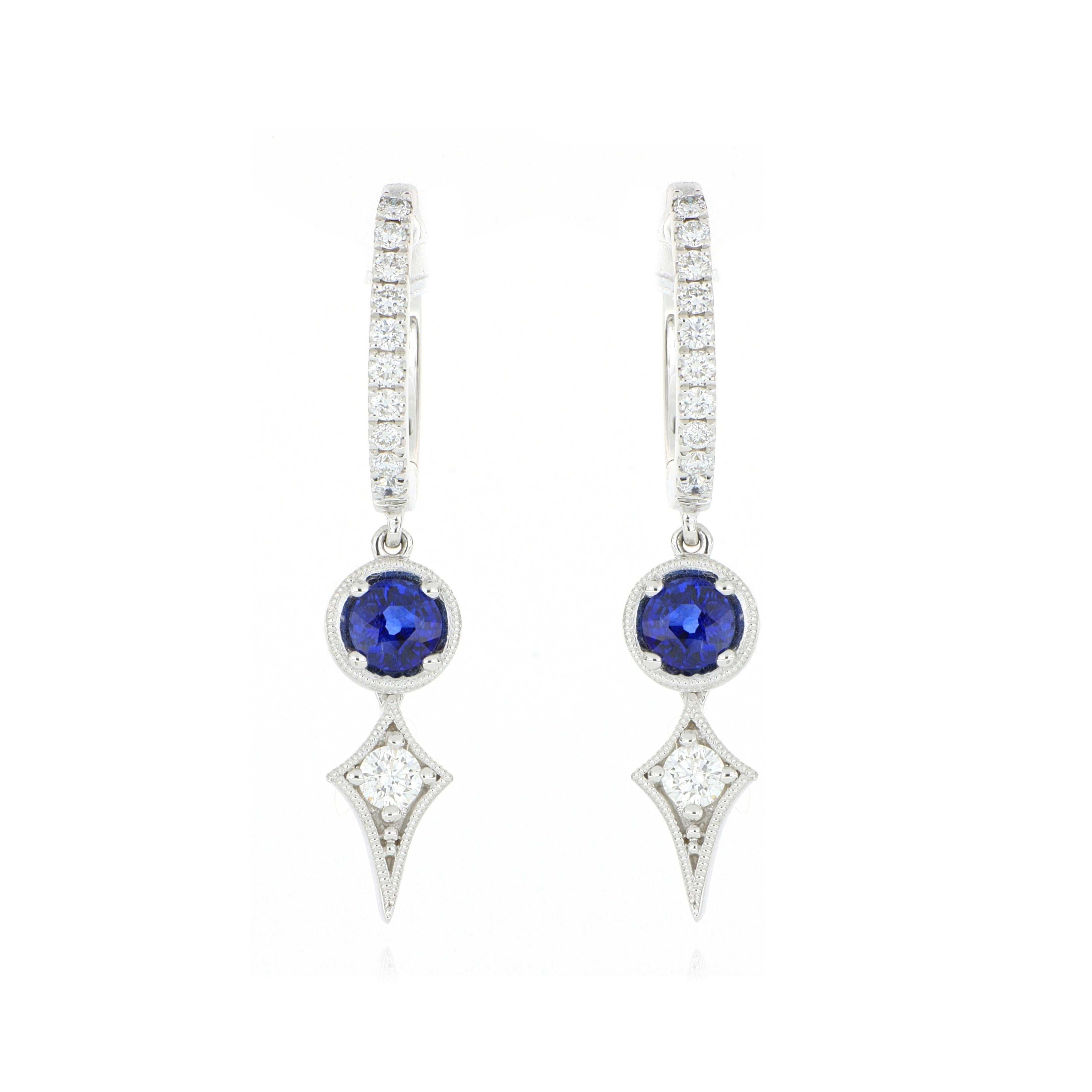 18k White Gold Blue Sapphire and Diamond Drop Earrings - Charles Koll Jewelers