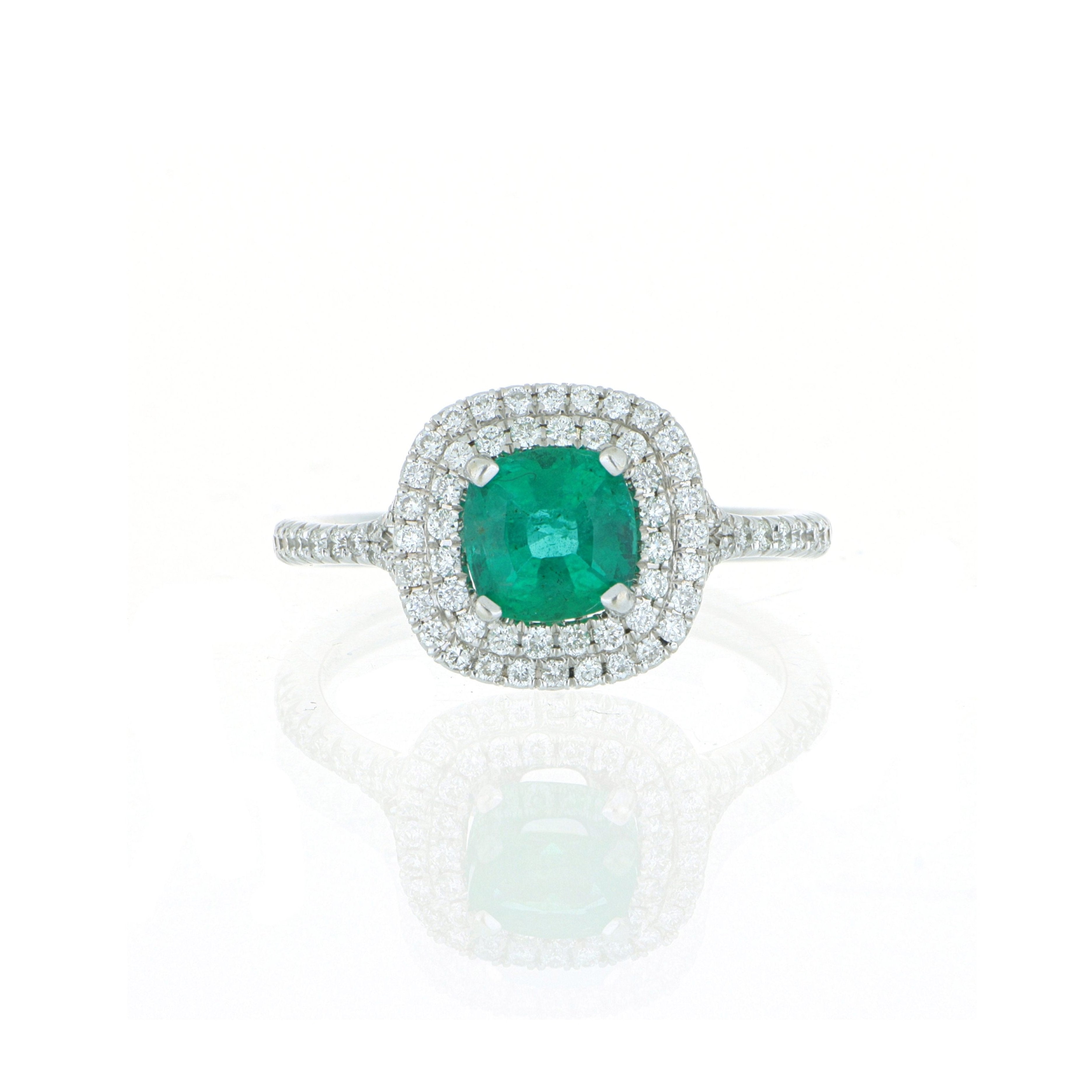 18k White Gold Emerald and Diamond Cushion Halo Ring