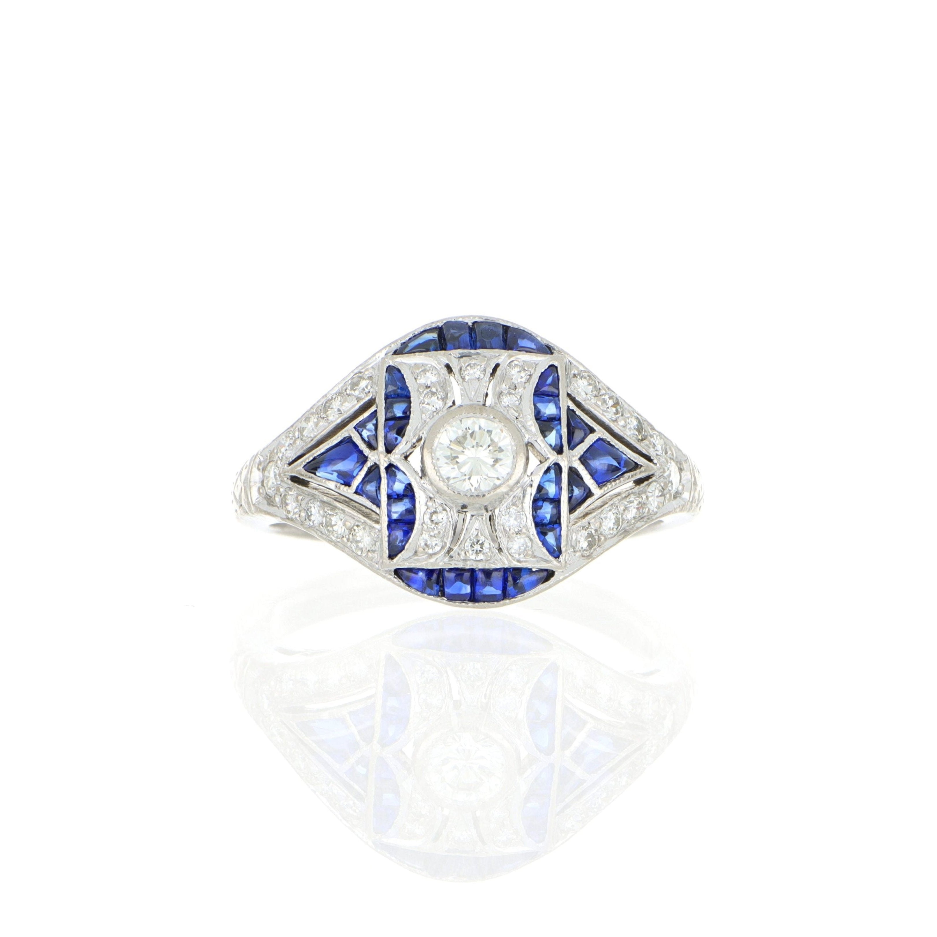 18k White Gold Vintage Sapphire and Diamond Ring