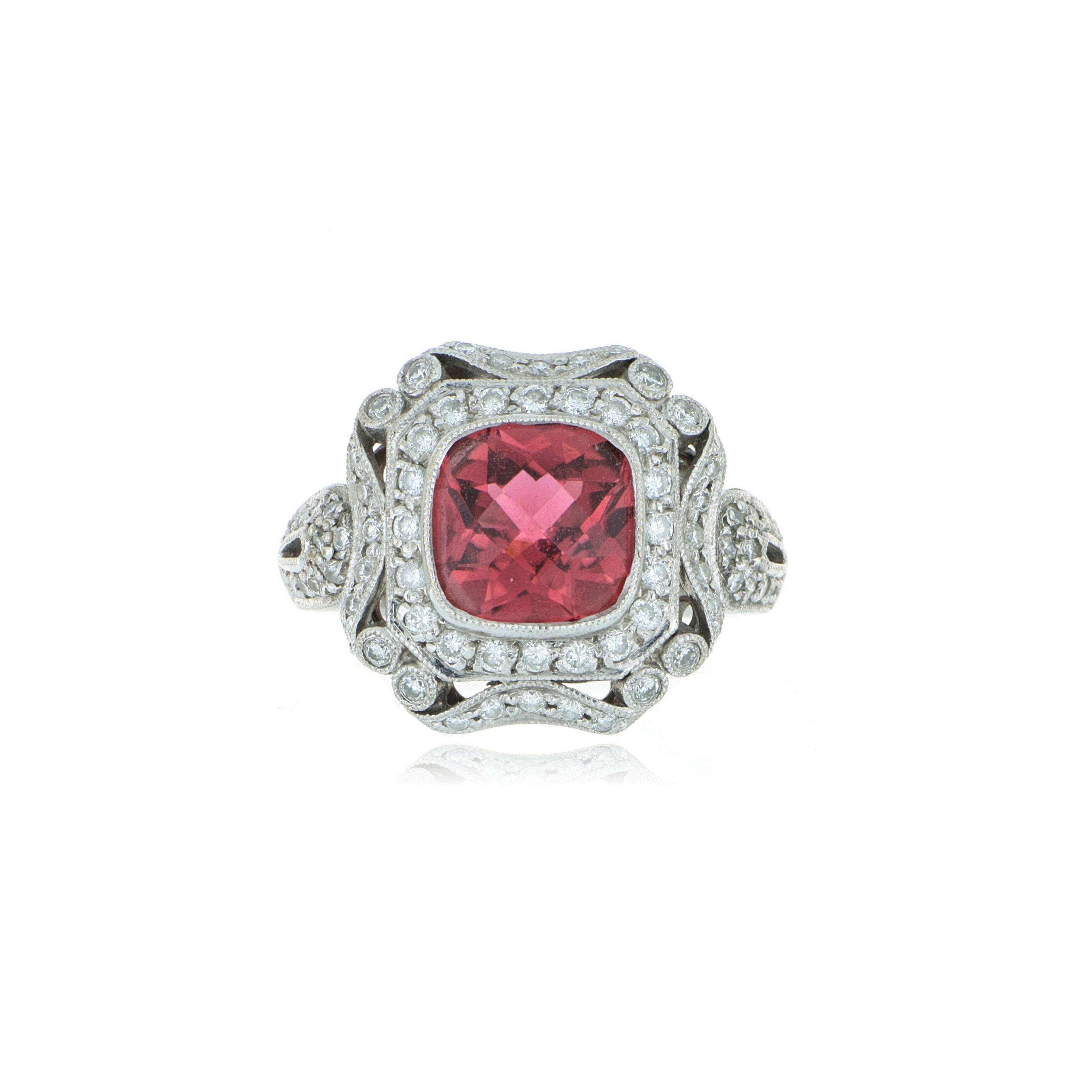 18k White Gold Vintage Style Pink Tourmaline and Diamond Ring