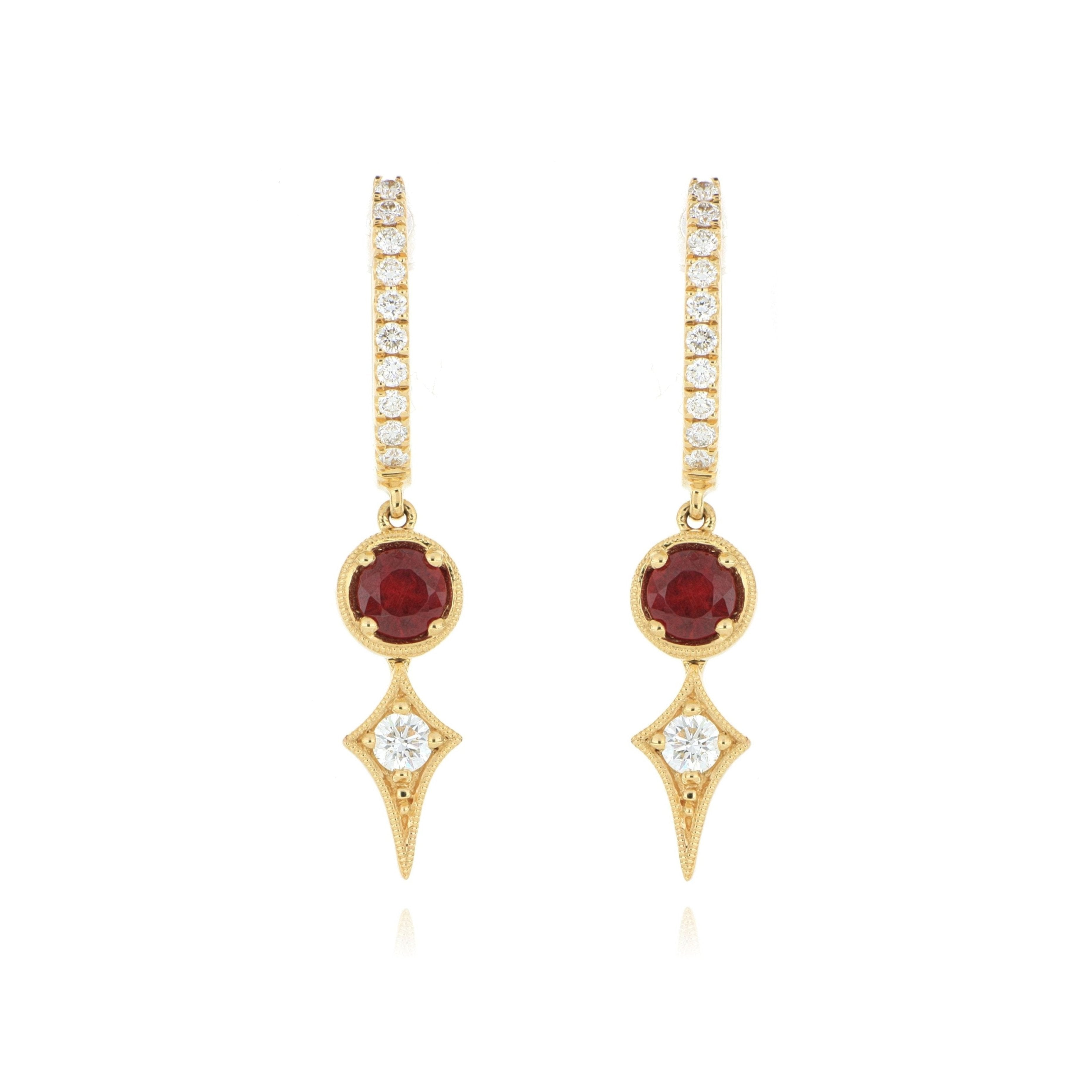 18k Yellow Gold Ruby and Diamond Drop Earrings - Charles Koll Jewelers