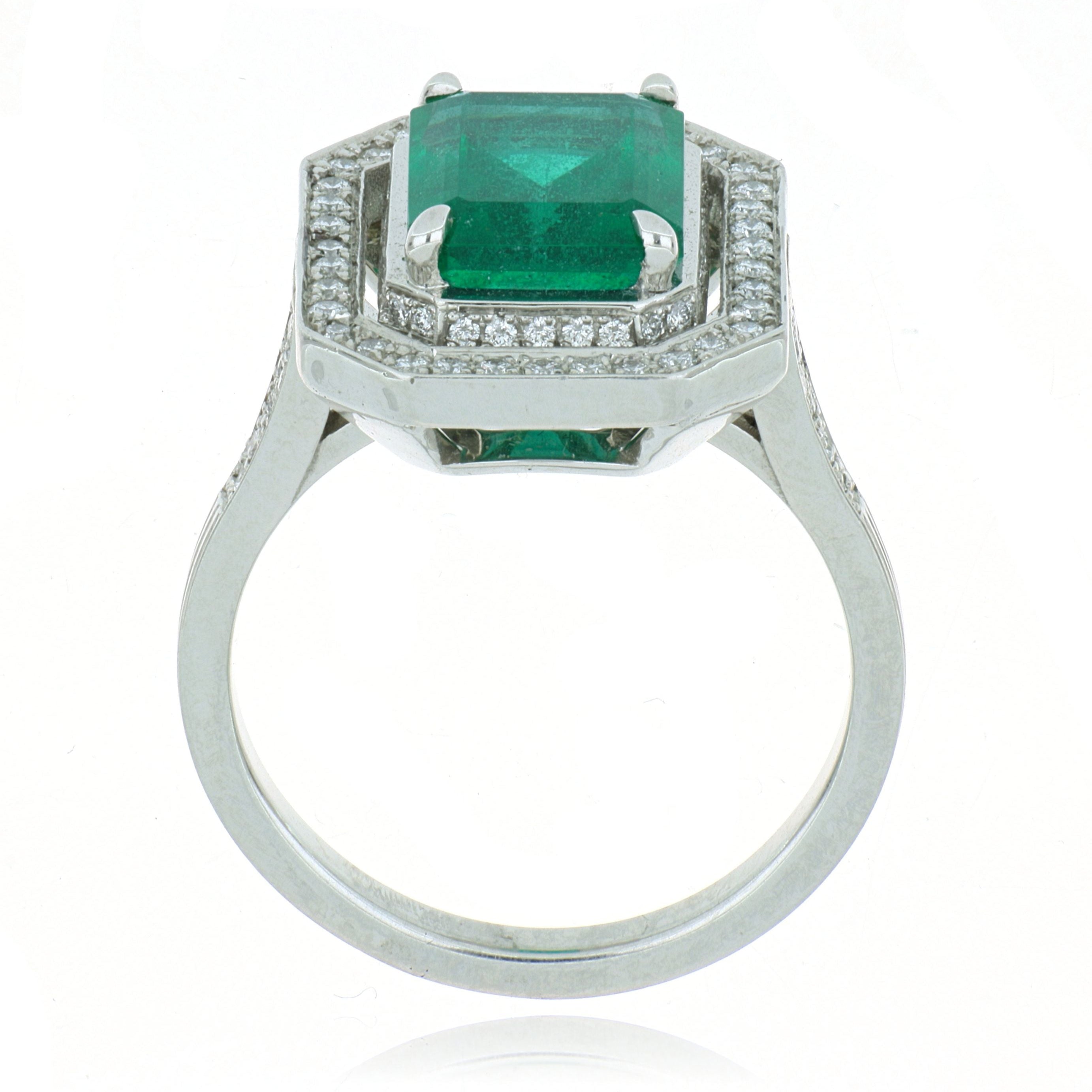 Platinum Emerald and Diamond Halo Ring