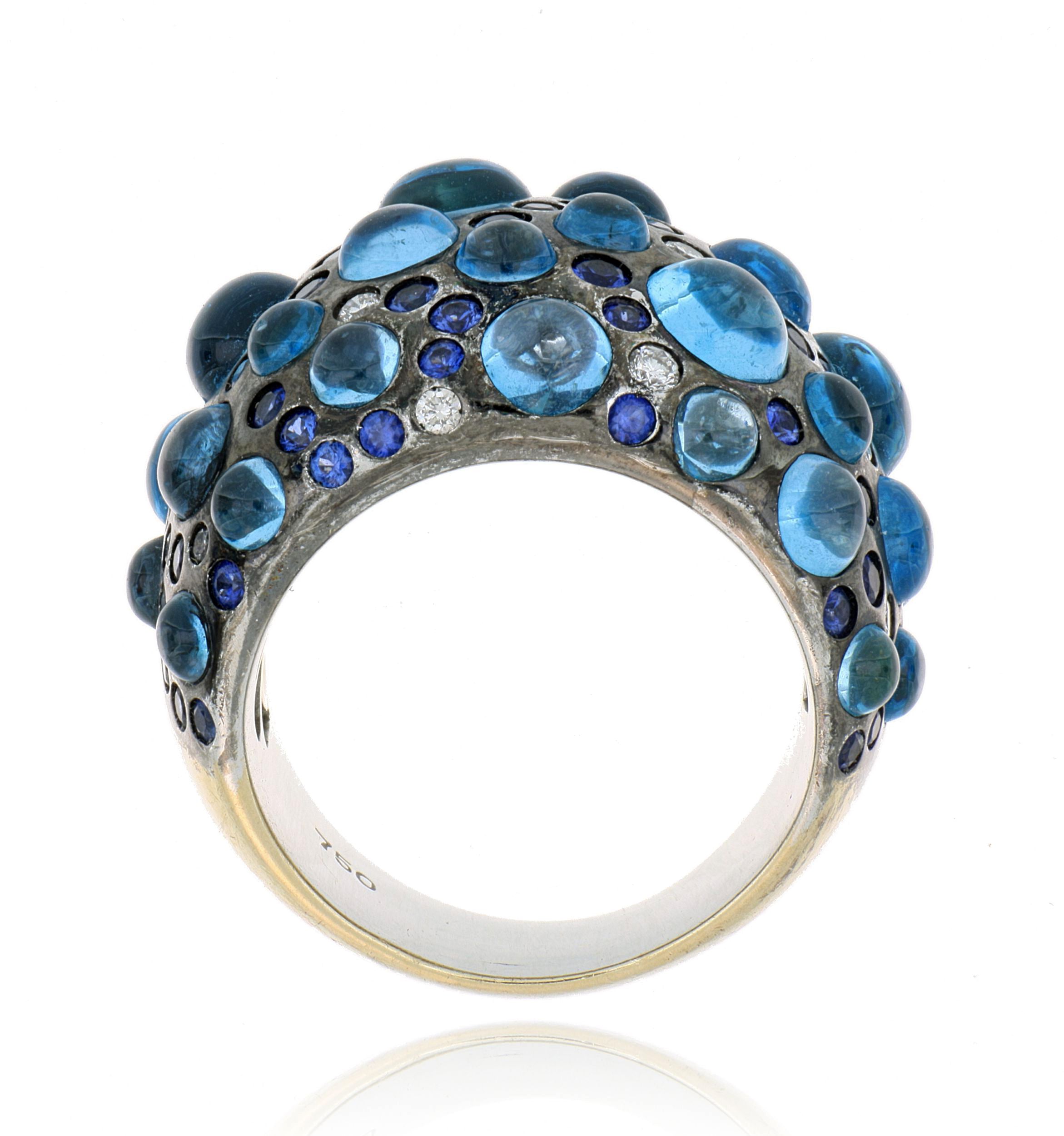 18k White Gold Blue Sapphire, Blue Topaz and White Diamond Accented Cocktail ring