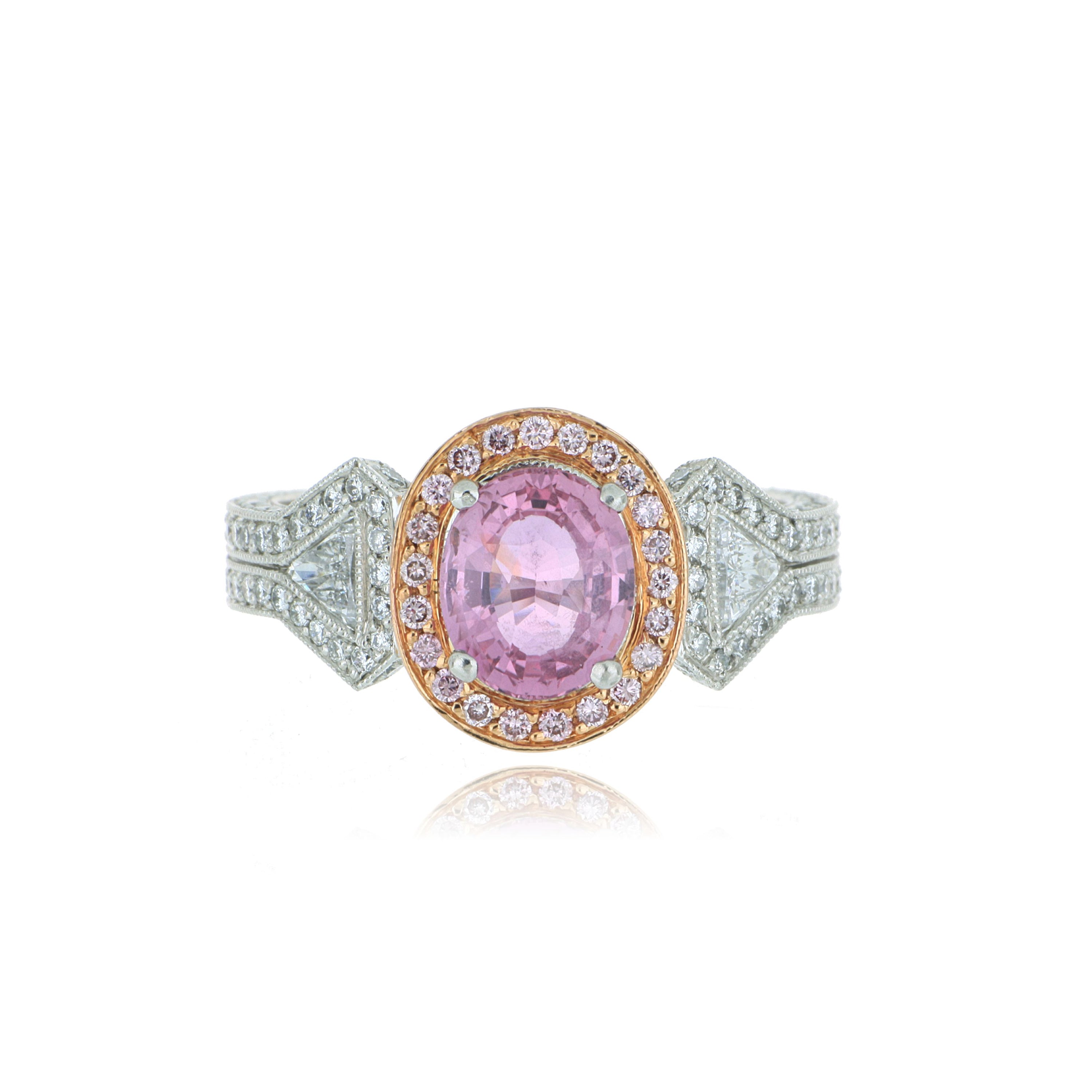 Platinum and 18k Rose Gold Vintage Style Pink Sapphire and Diamond Ring