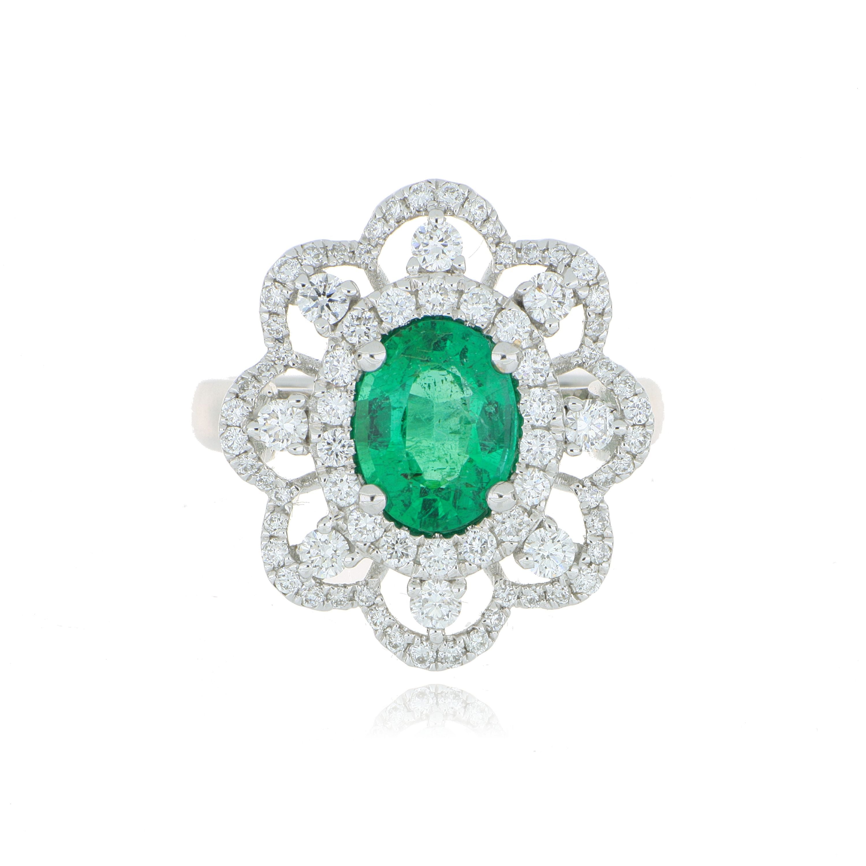 18k White Gold Oval Shaped Emerald and Diamond Ring