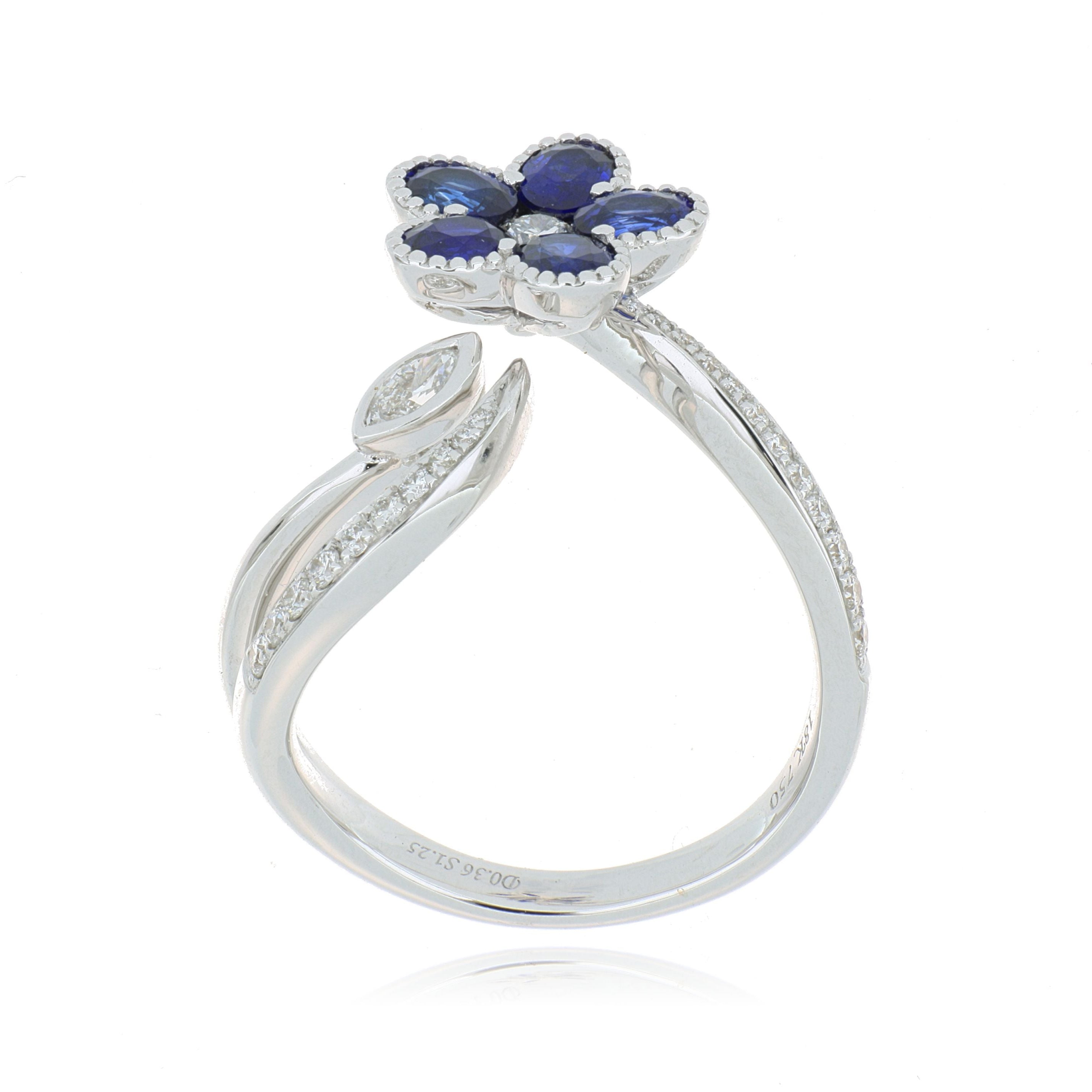18k White Gold Blue Sapphire and Diamond Flower Ring