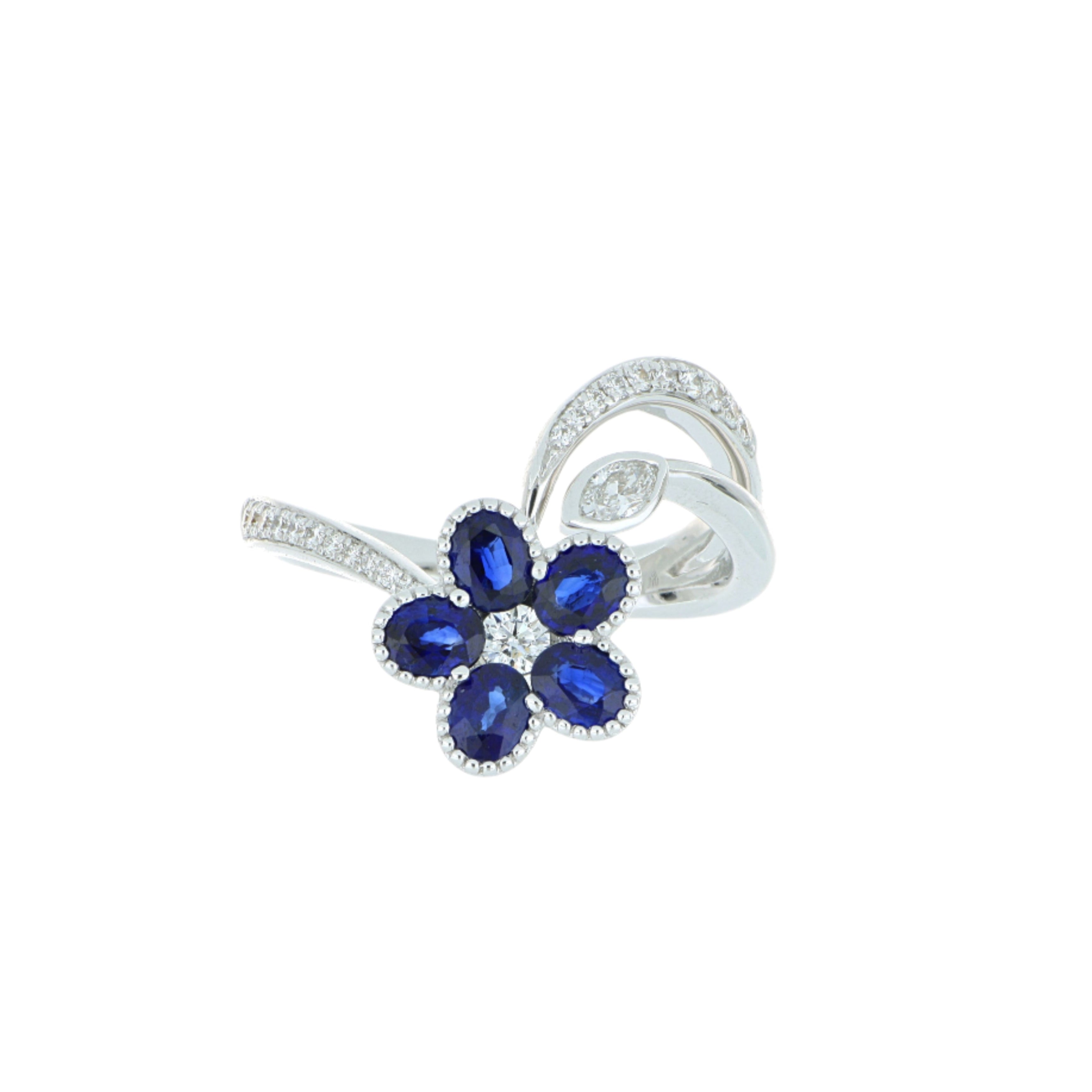 18k White Gold Blue Sapphire and Diamond Flower Ring