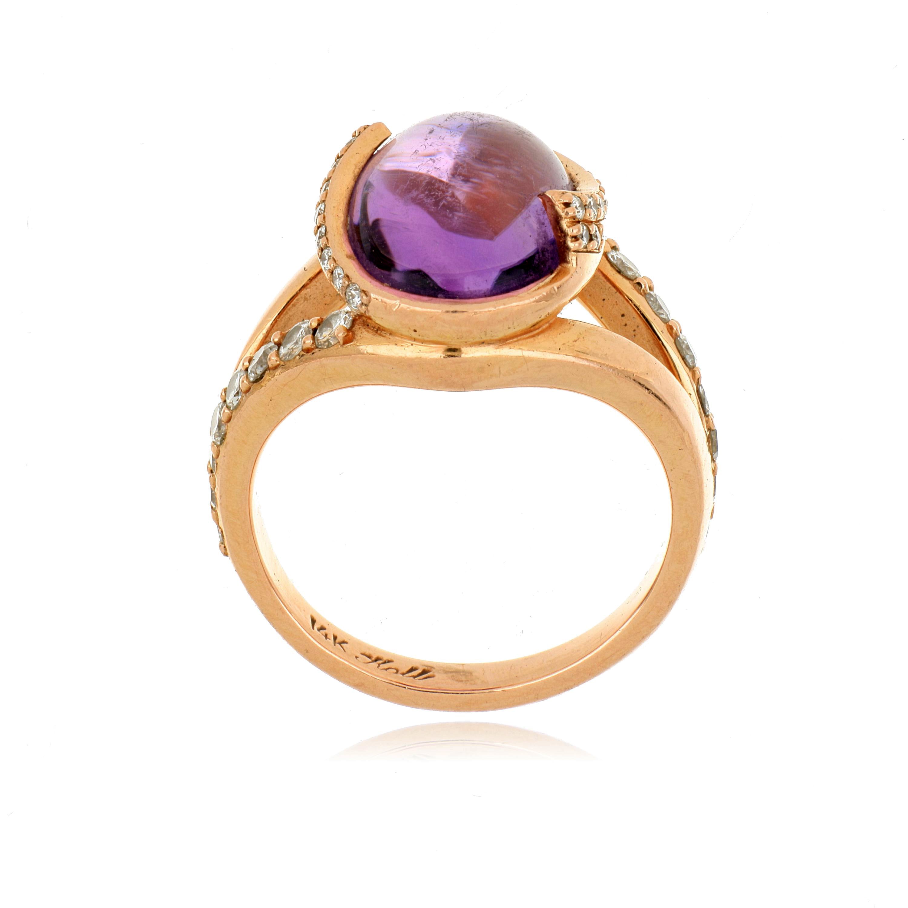 14k Rose Gold Cabochon Amethyst and Diamond Accented Ring
