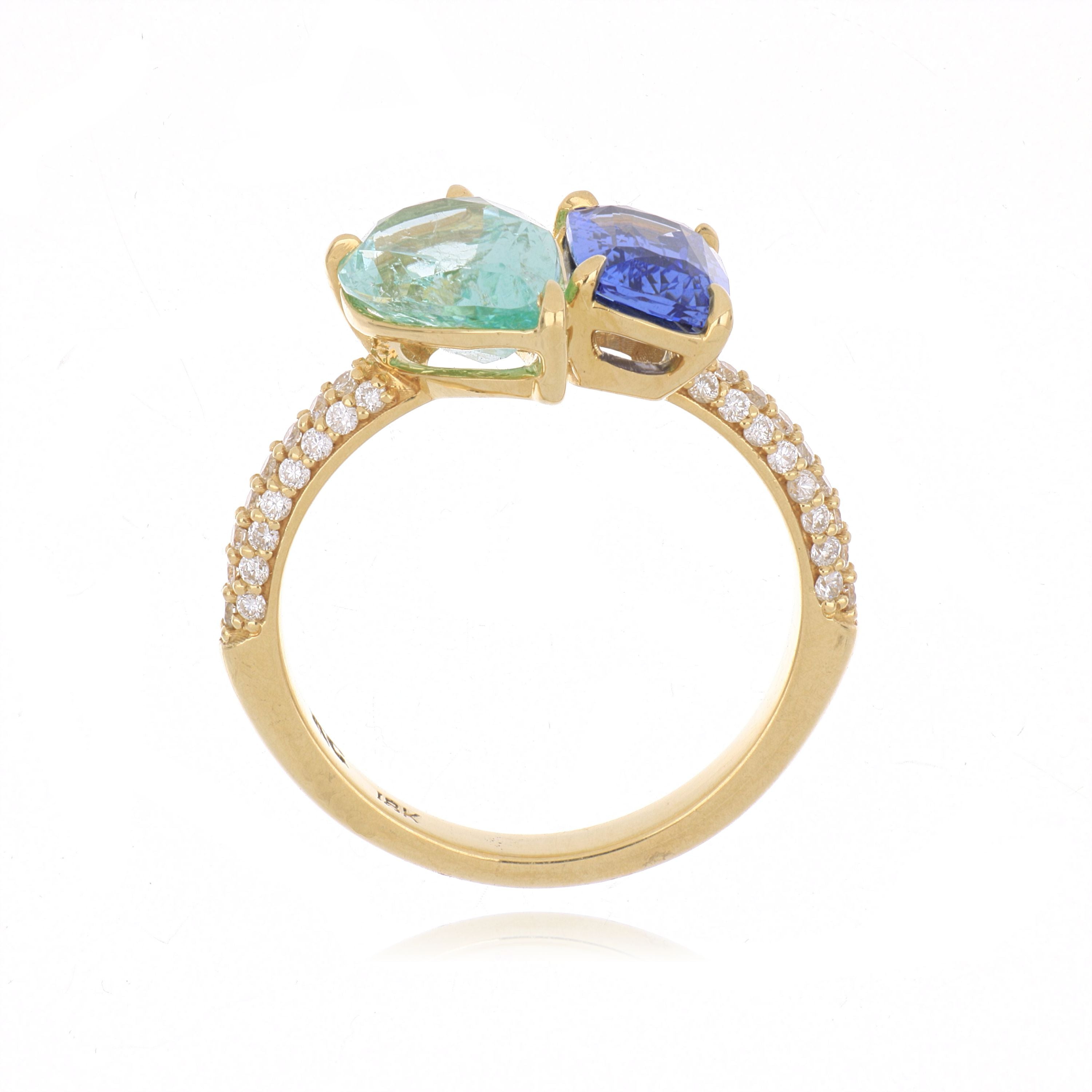 18k Yellow Gold Sapphire, Tourmaline and Diamond Ring