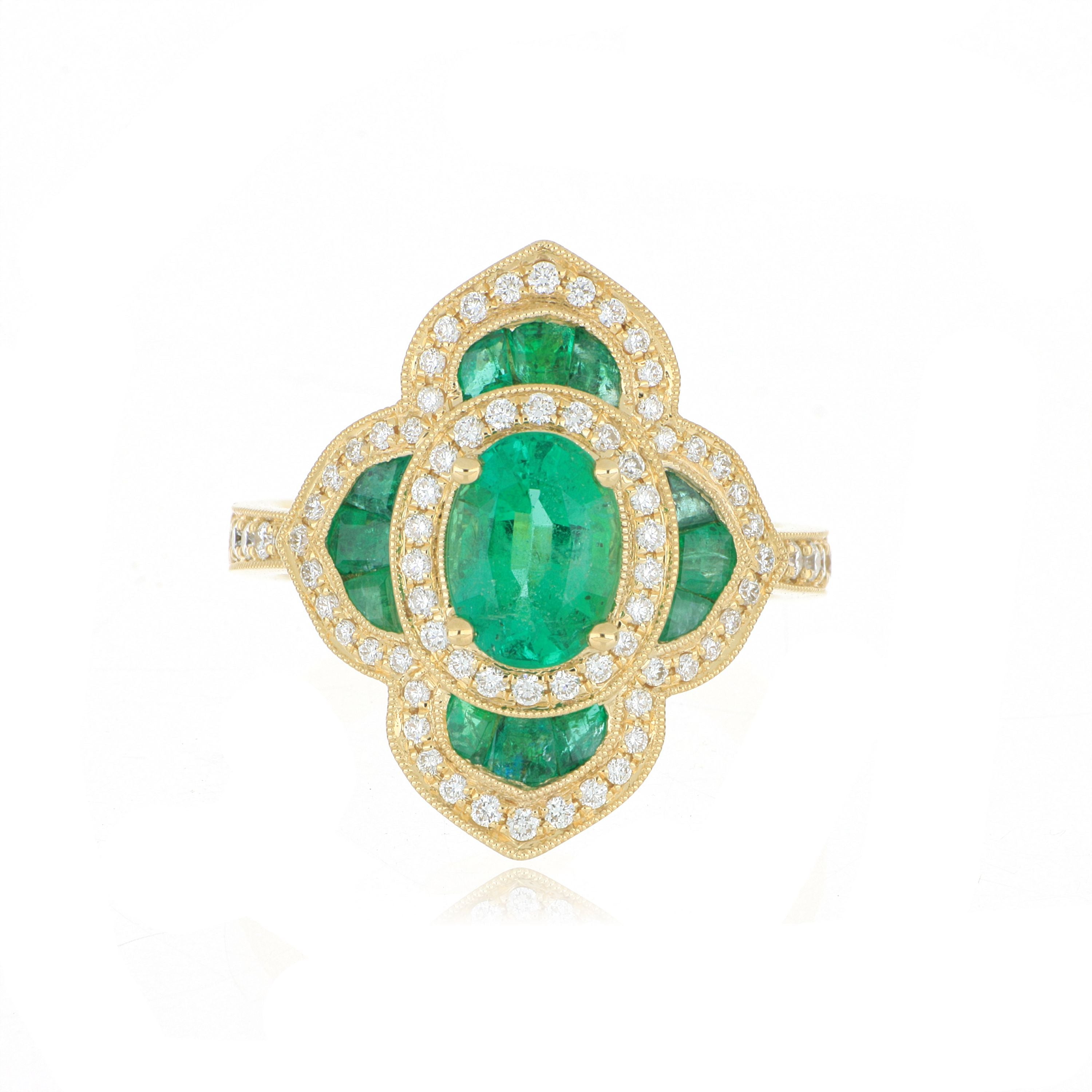 18k Yellow Gold Emerald and Diamond Accented Ring - Charles Koll Jewelers