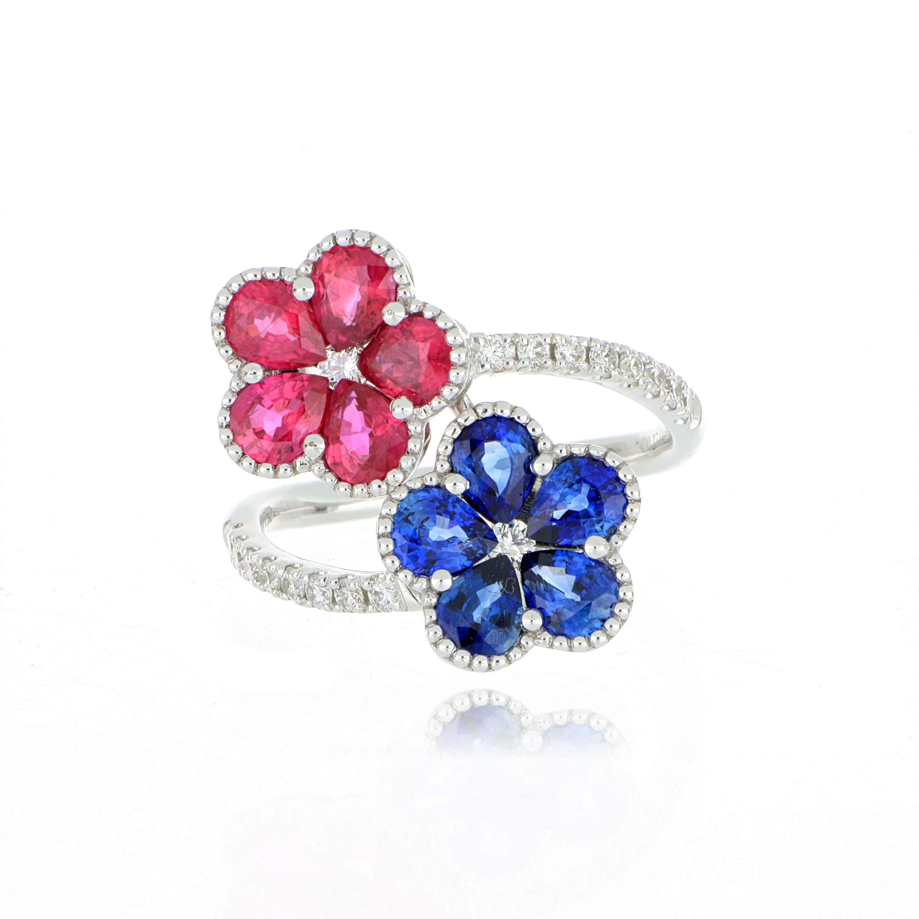 18k White Gold Sapphire, Ruby, and Diamond Flower Ring - Charles Koll Jewelers