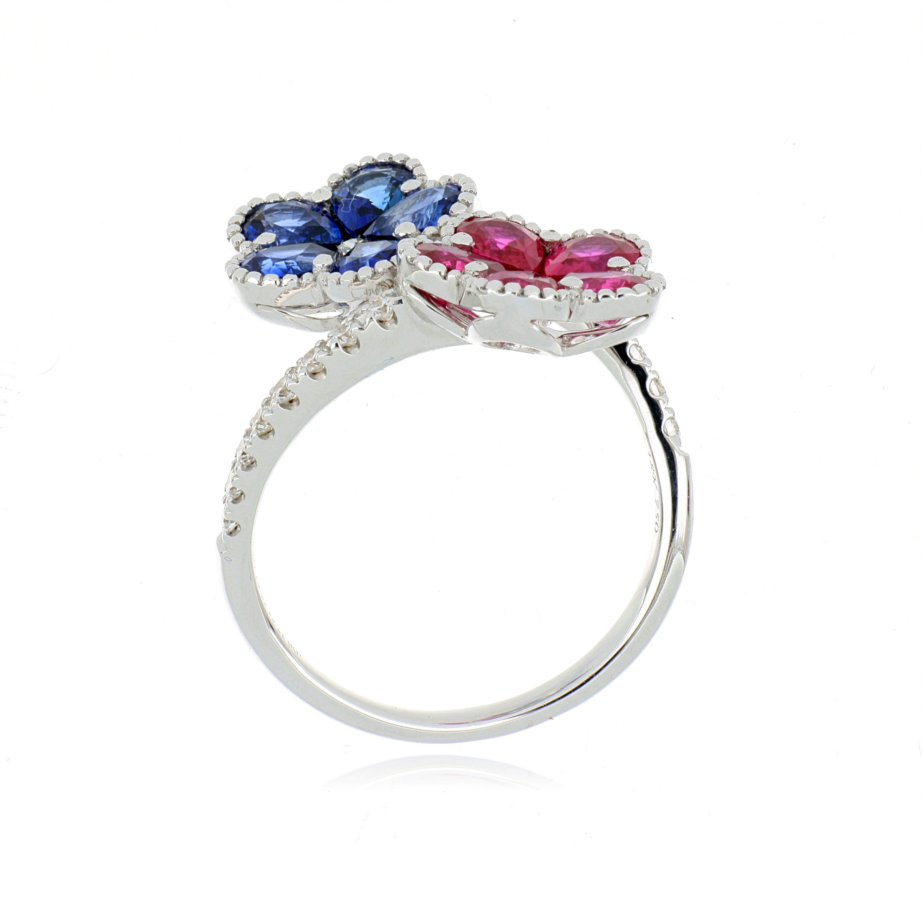 18k White Gold Sapphire, Ruby, and Diamond Flower Ring - Charles Koll Jewelers