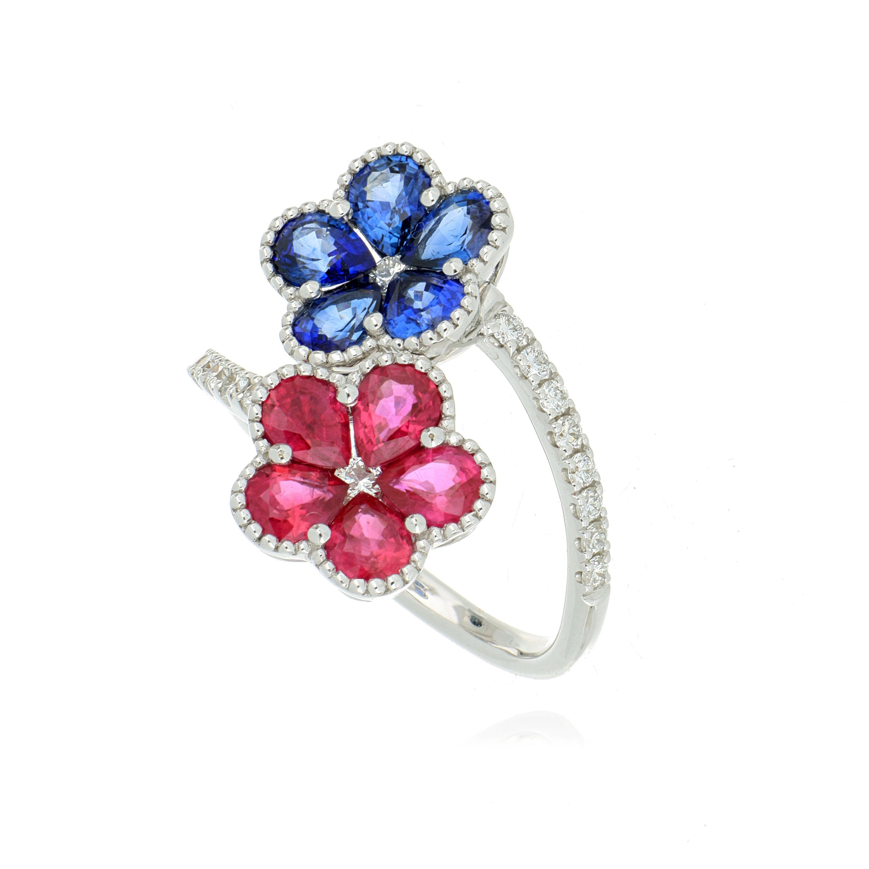 18k White Gold Sapphire, Ruby, and Diamond Flower Ring - Charles Koll Jewelers
