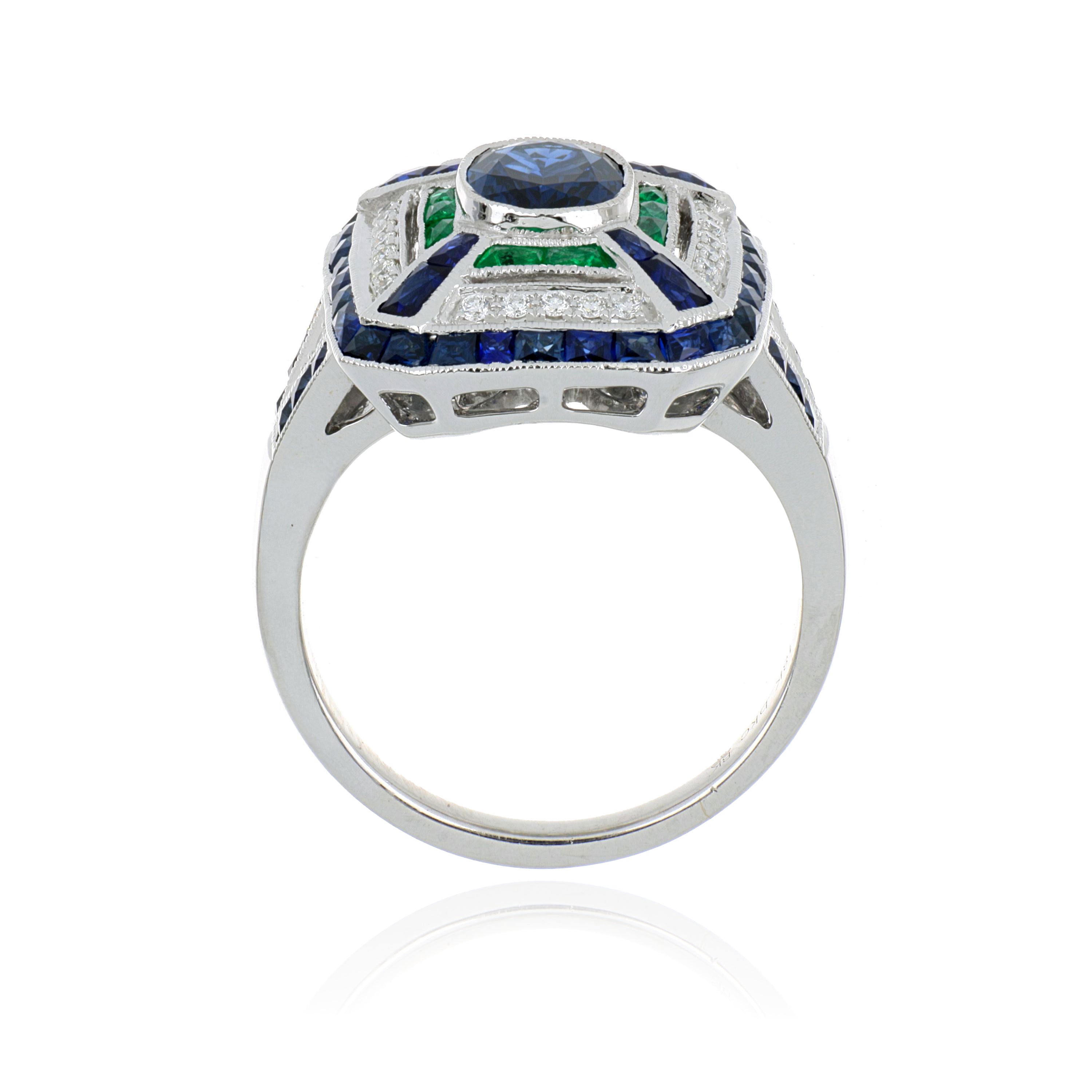 18k White Gold Sapphire, Emerald and Diamond Ring - Charles Koll Jewelers