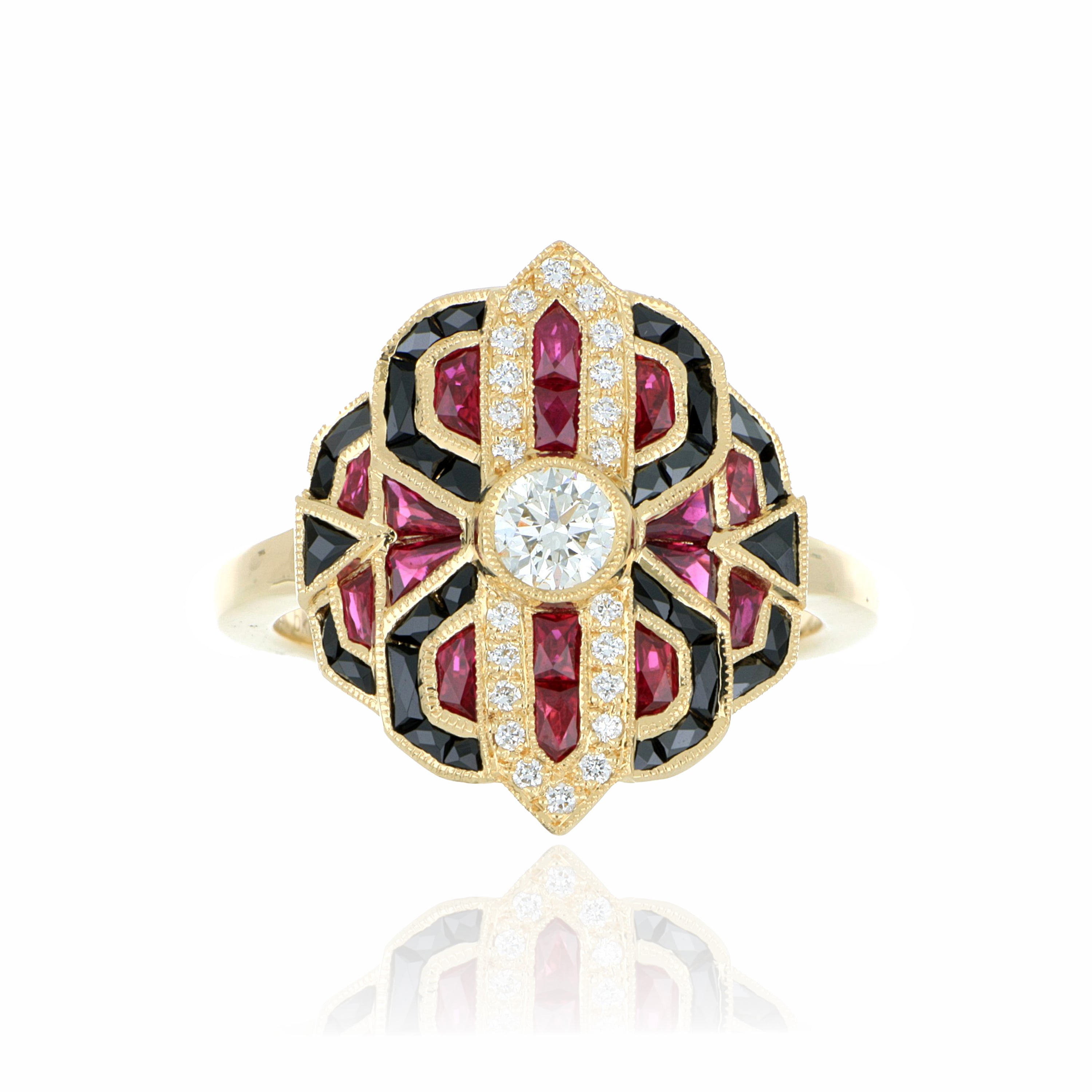 18k Yellow Gold Ruby, Onyx and Diamond Ring