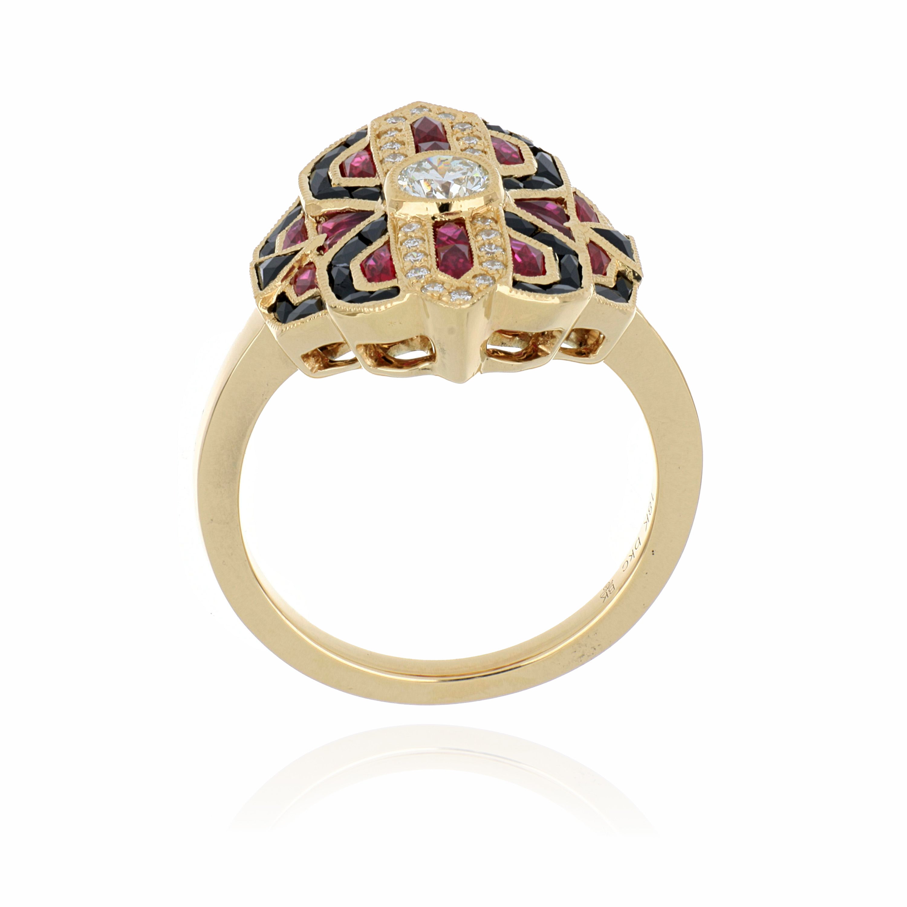 18k Yellow Gold Ruby, Onyx and Diamond Ring