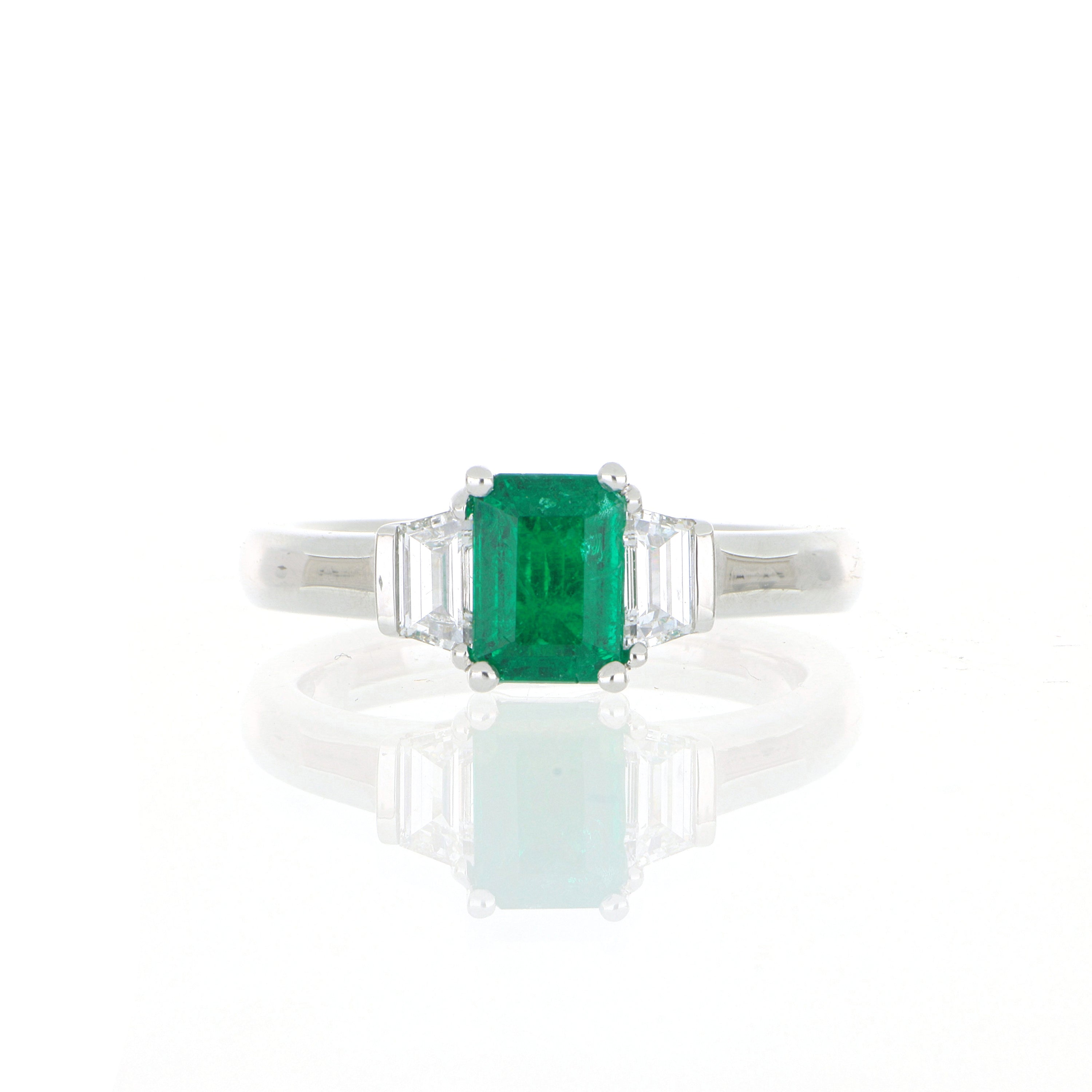 Platinum Emerald and Diamond 3 Stone Ring - Charles Koll Jewelers