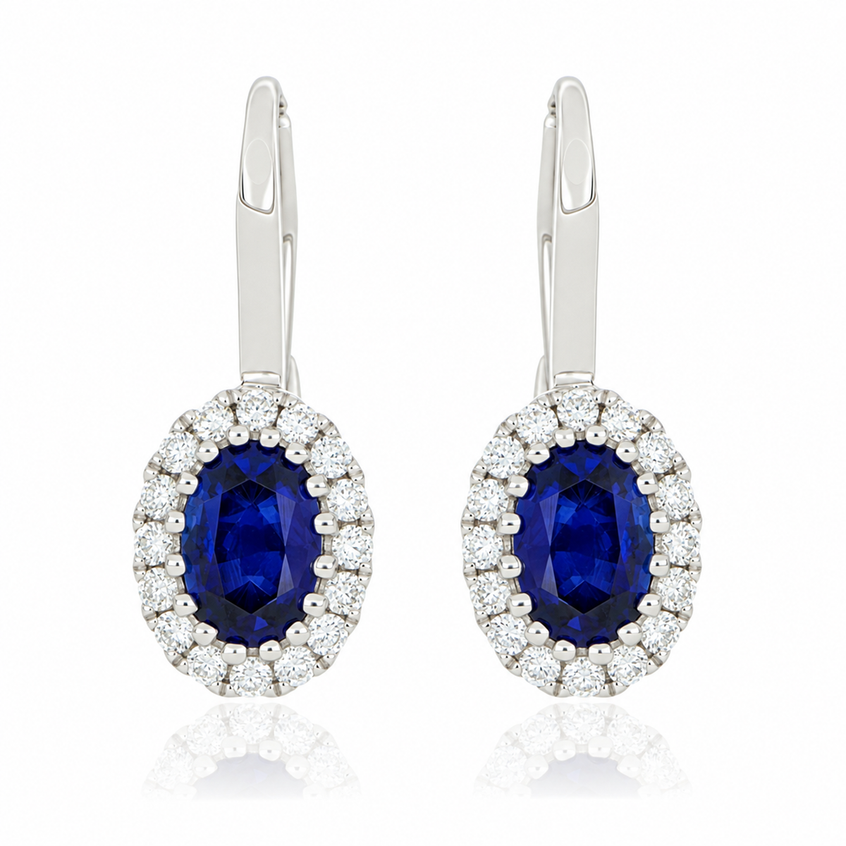 18k White Gold Blue Sapphire and Diamond Halo Drop Earrings