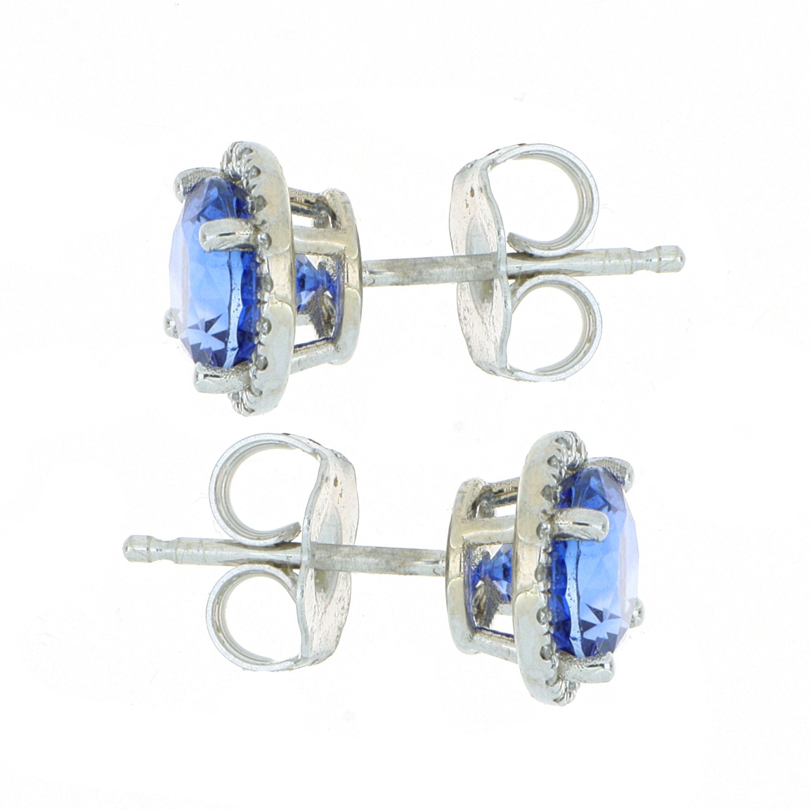 18k White Gold Blue Sapphire and Diamond Halo Stud Earrings - Charles Koll Jewelers