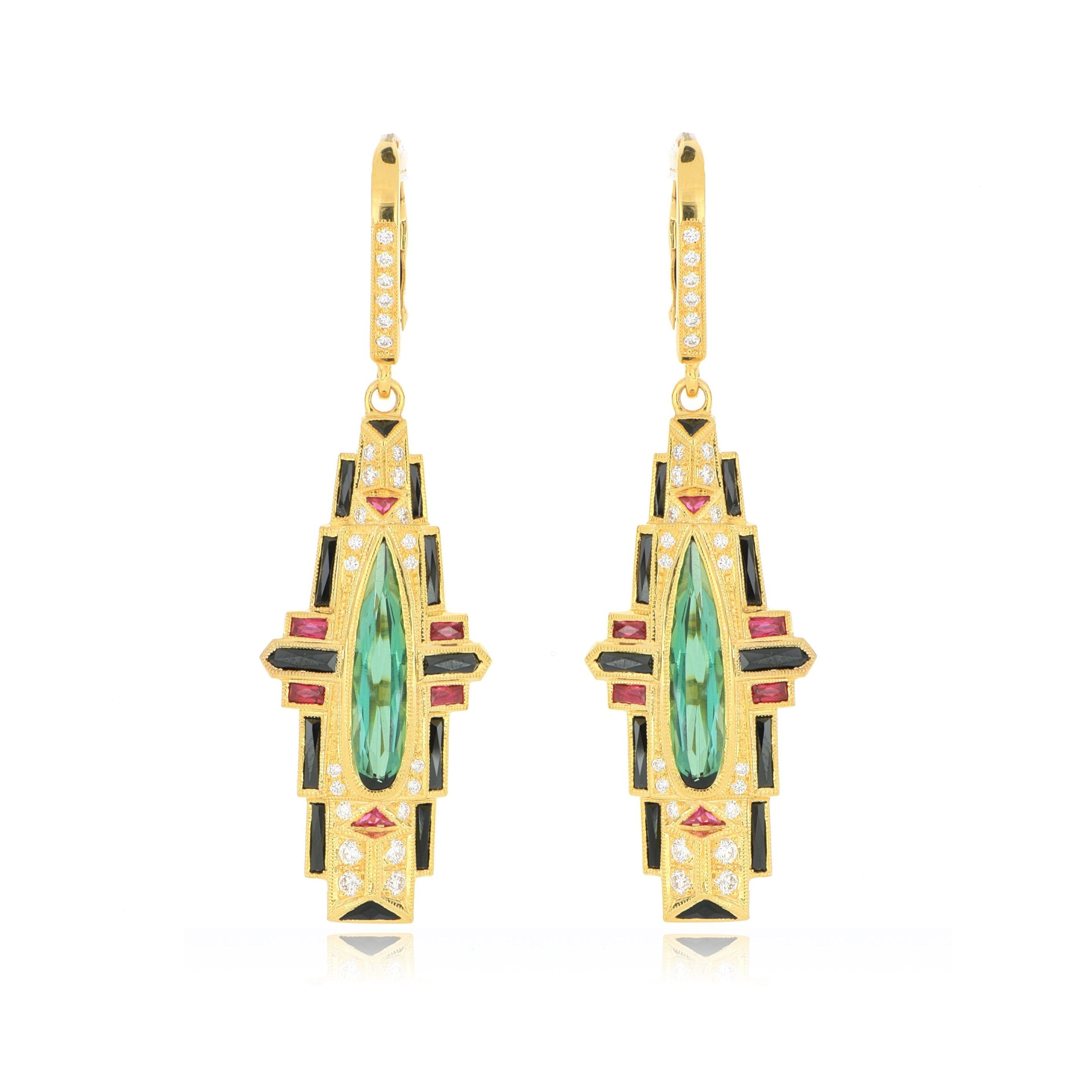 18k Yellow Gold Ruby, Onyx and Tourmaline Deco Drop Earrings
