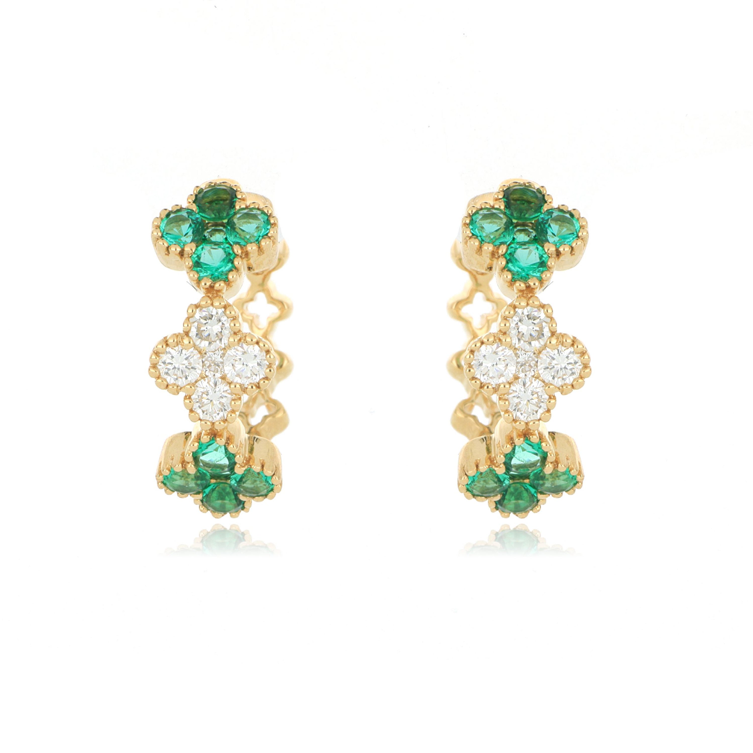 18k Yellow Gold Emerald and Diamond Huggies