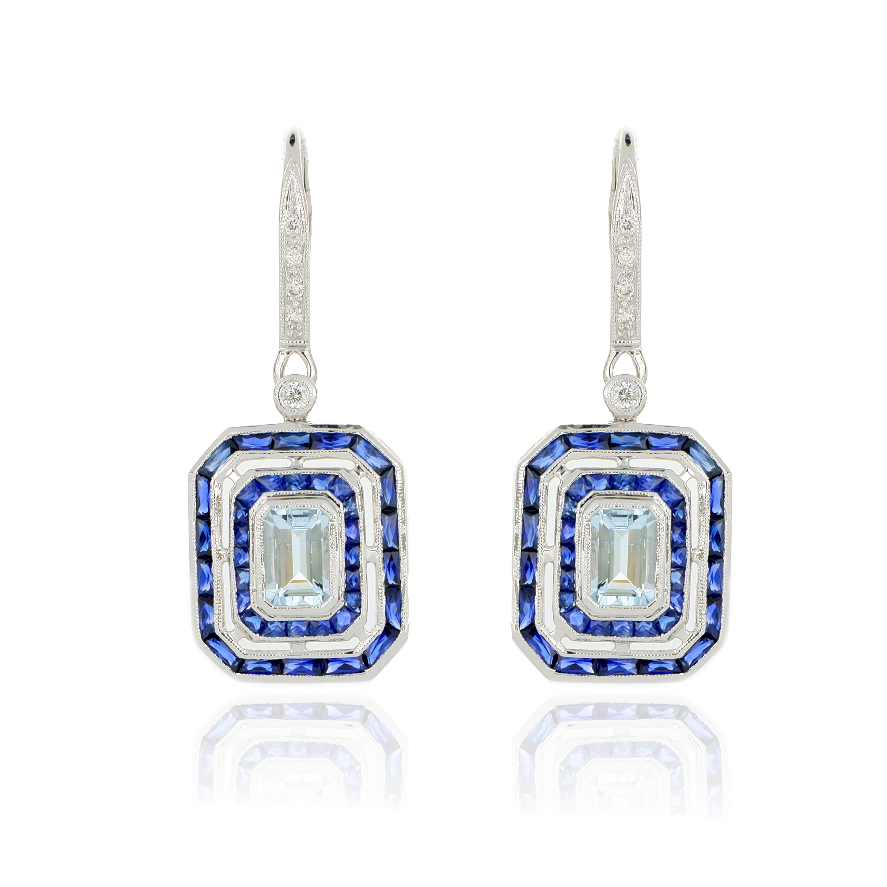 18k White Gold Aquamarine, Sapphire and Diamond Earrings - Charles Koll Jewelers