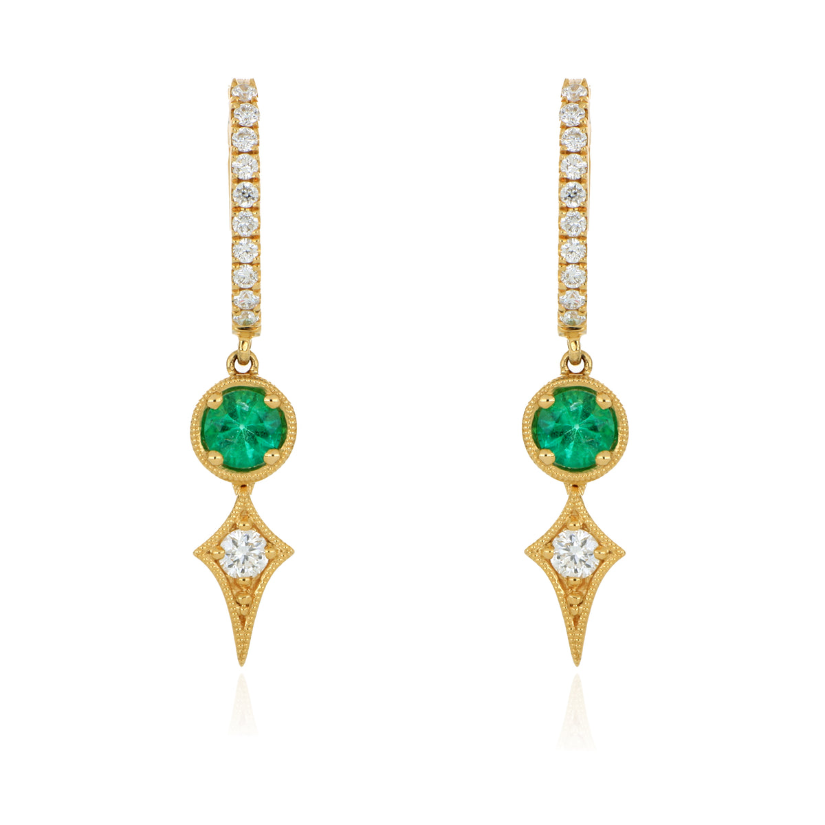 18k Yellow Gold Emerald and Diamond Dangle Huggies