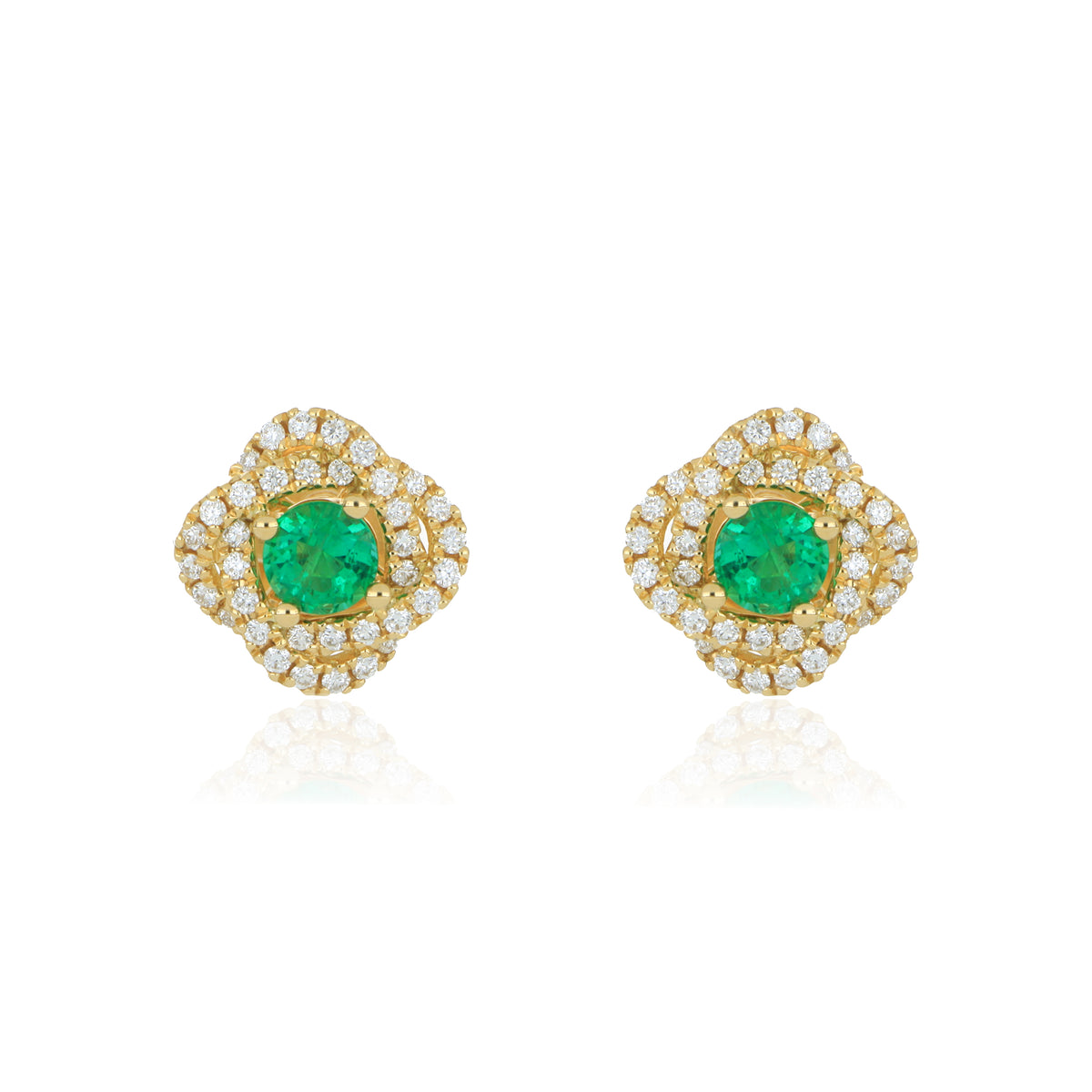 18k Yellow Gold Emerald and Diamond Flower Stud Earrings