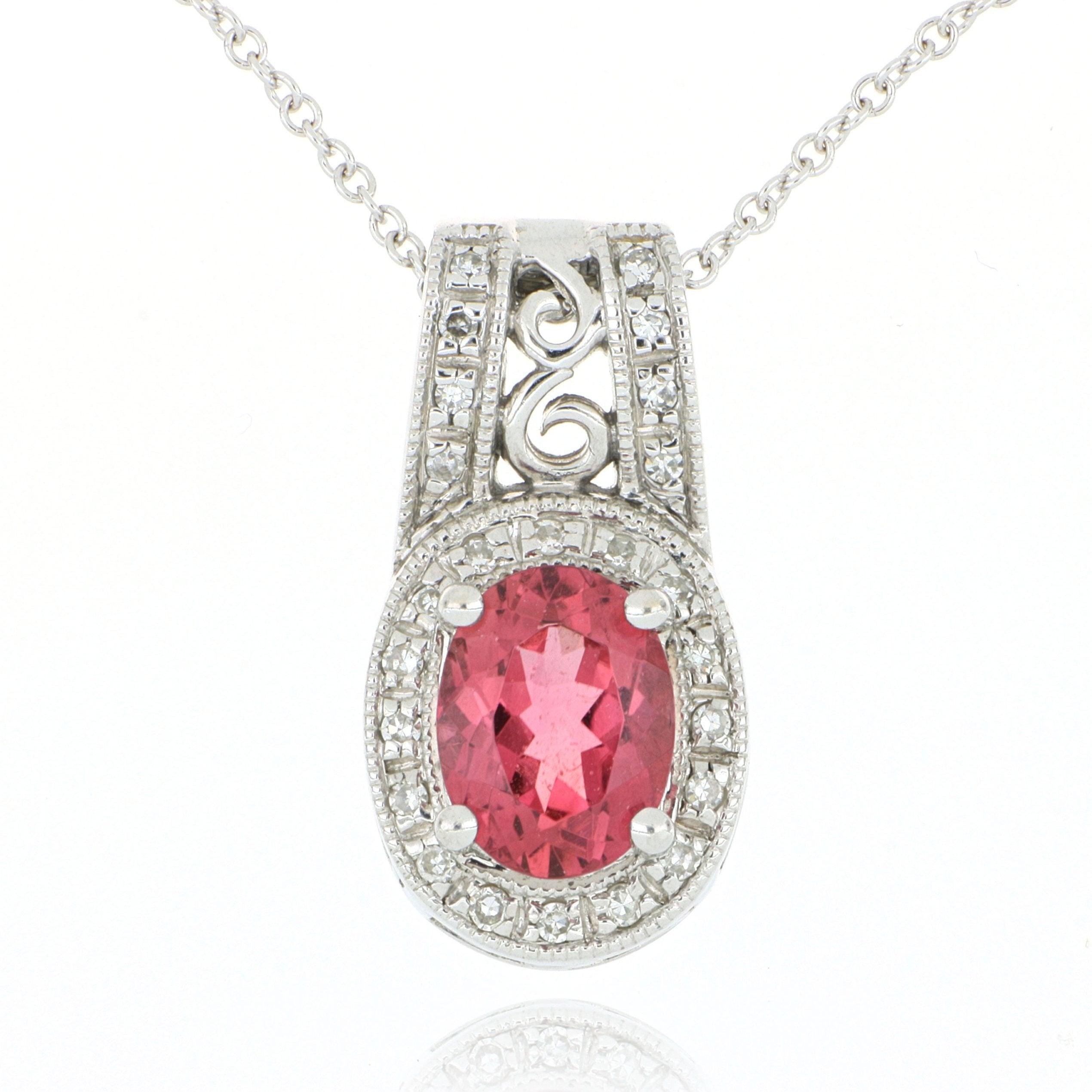 14k White Gold Oval Shaped Diamond Accented Pink Tourmaline and Diamond Necklace - Charles Koll Jewelers