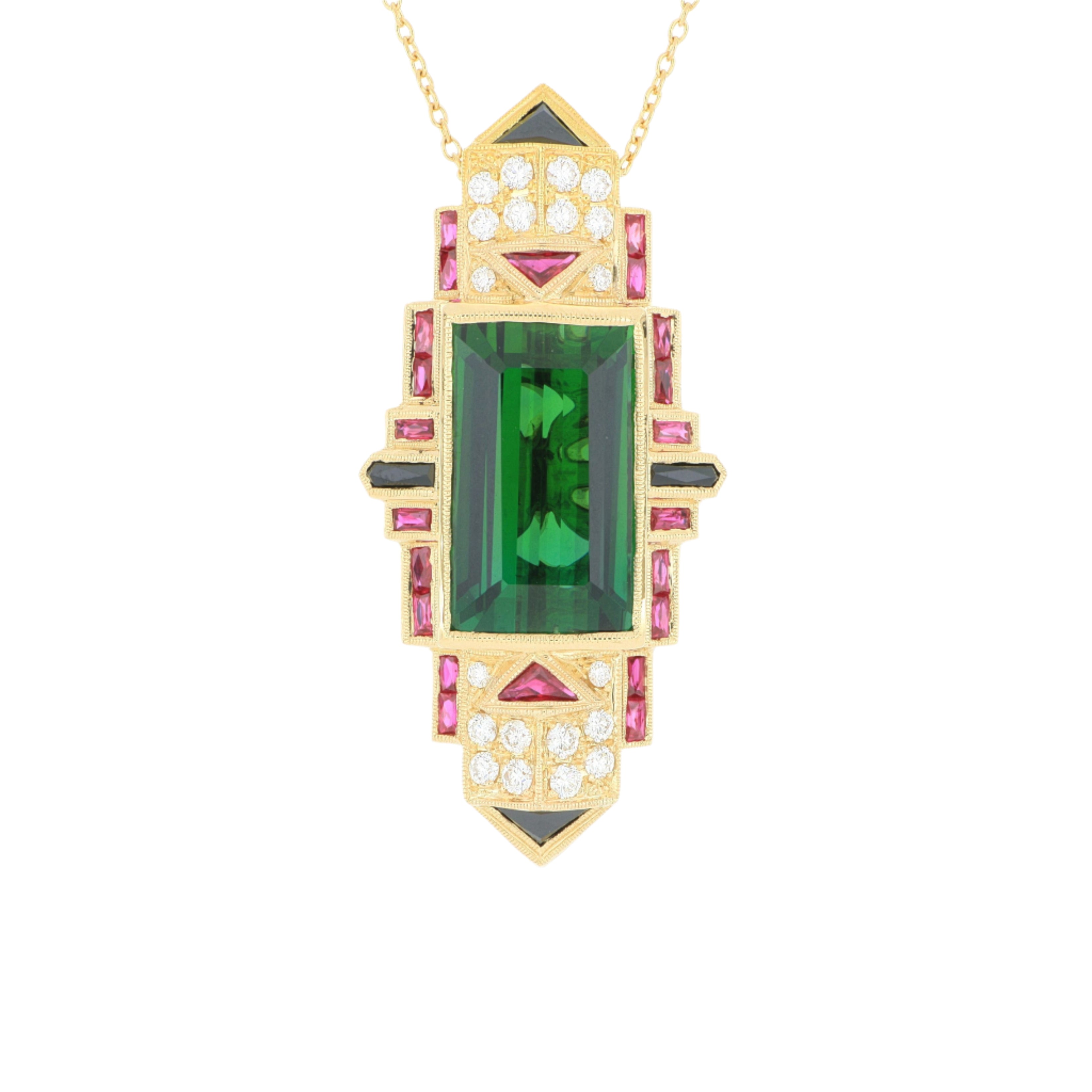 18k Yellow Gold Ruby, Onyx and Tourmaline Deco Drop Necklace