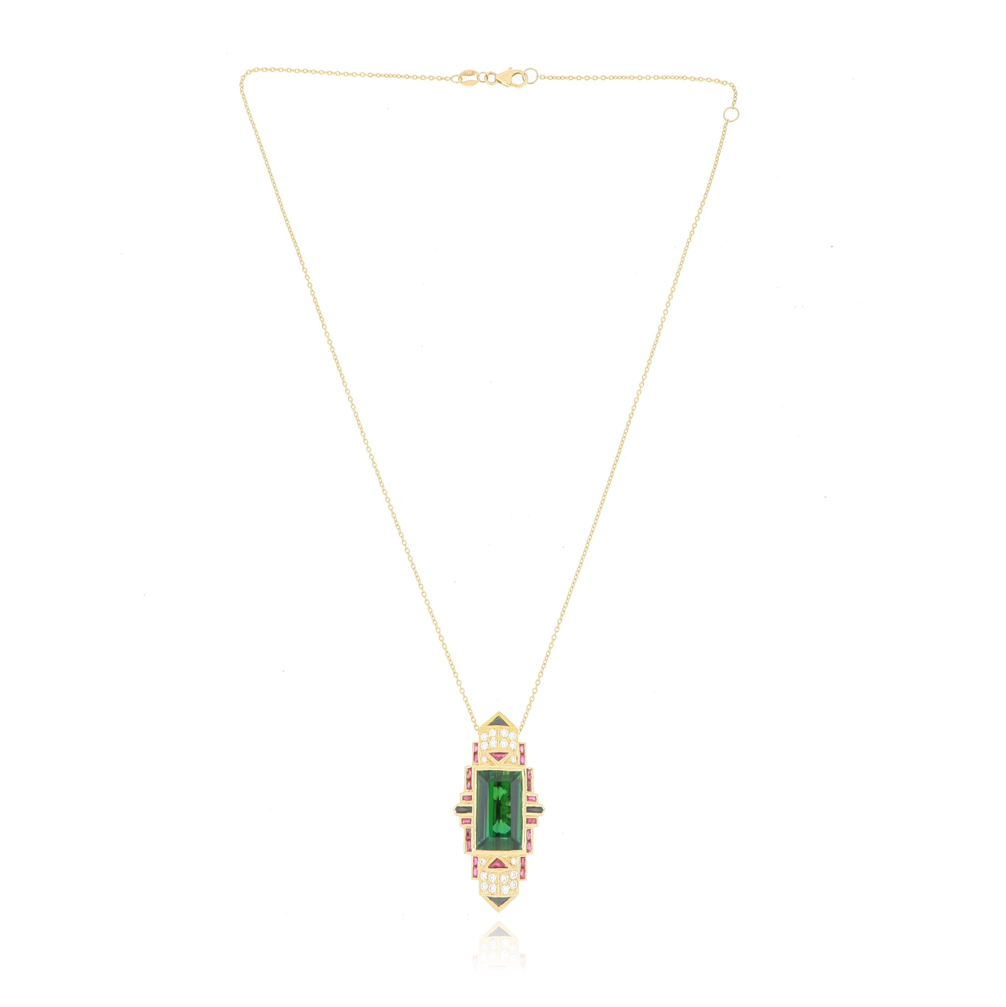 18k Yellow Gold Ruby, Onyx and Tourmaline Deco Drop Necklace