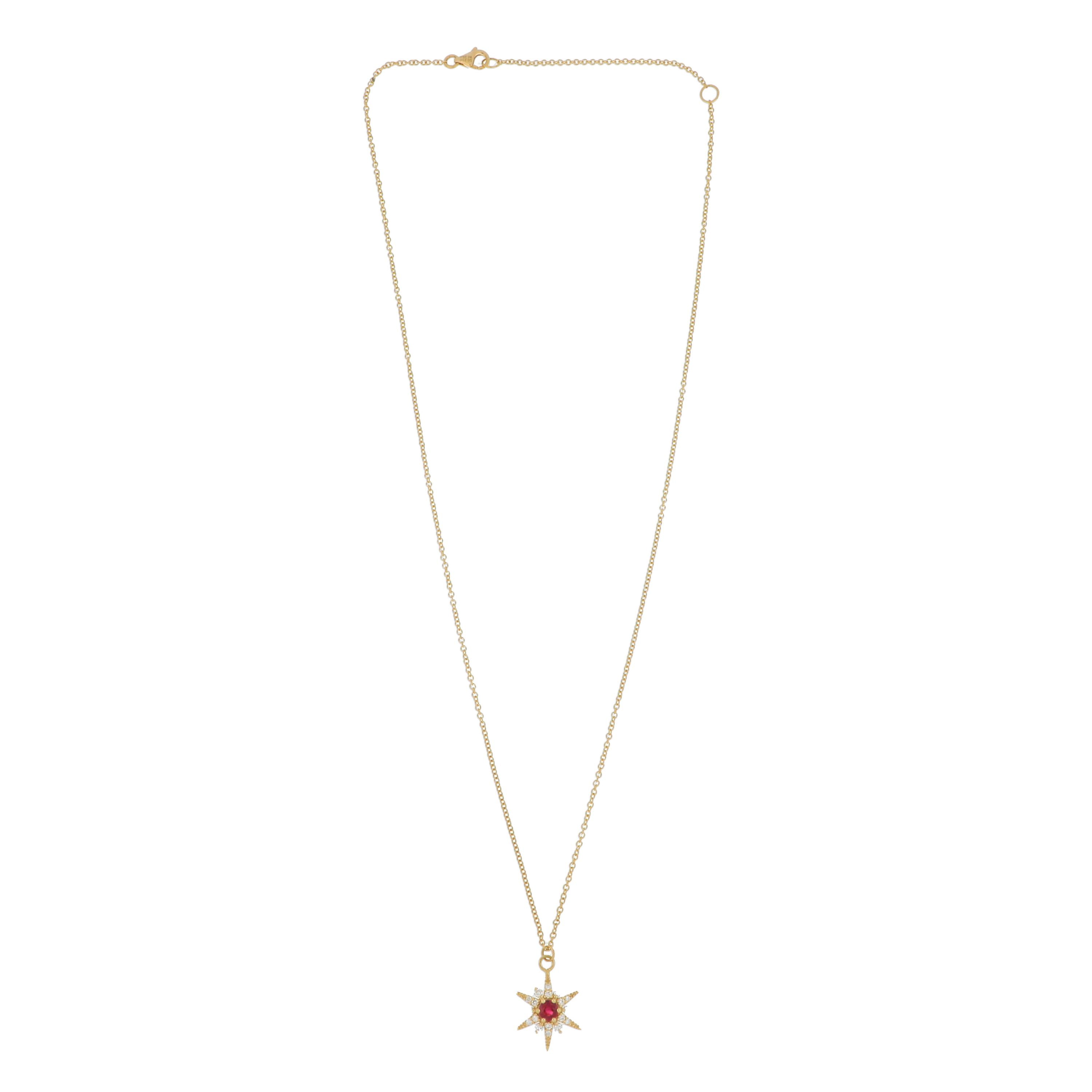 18k Yellow Gold Ruby and Diamond Accented Starburst Necklace