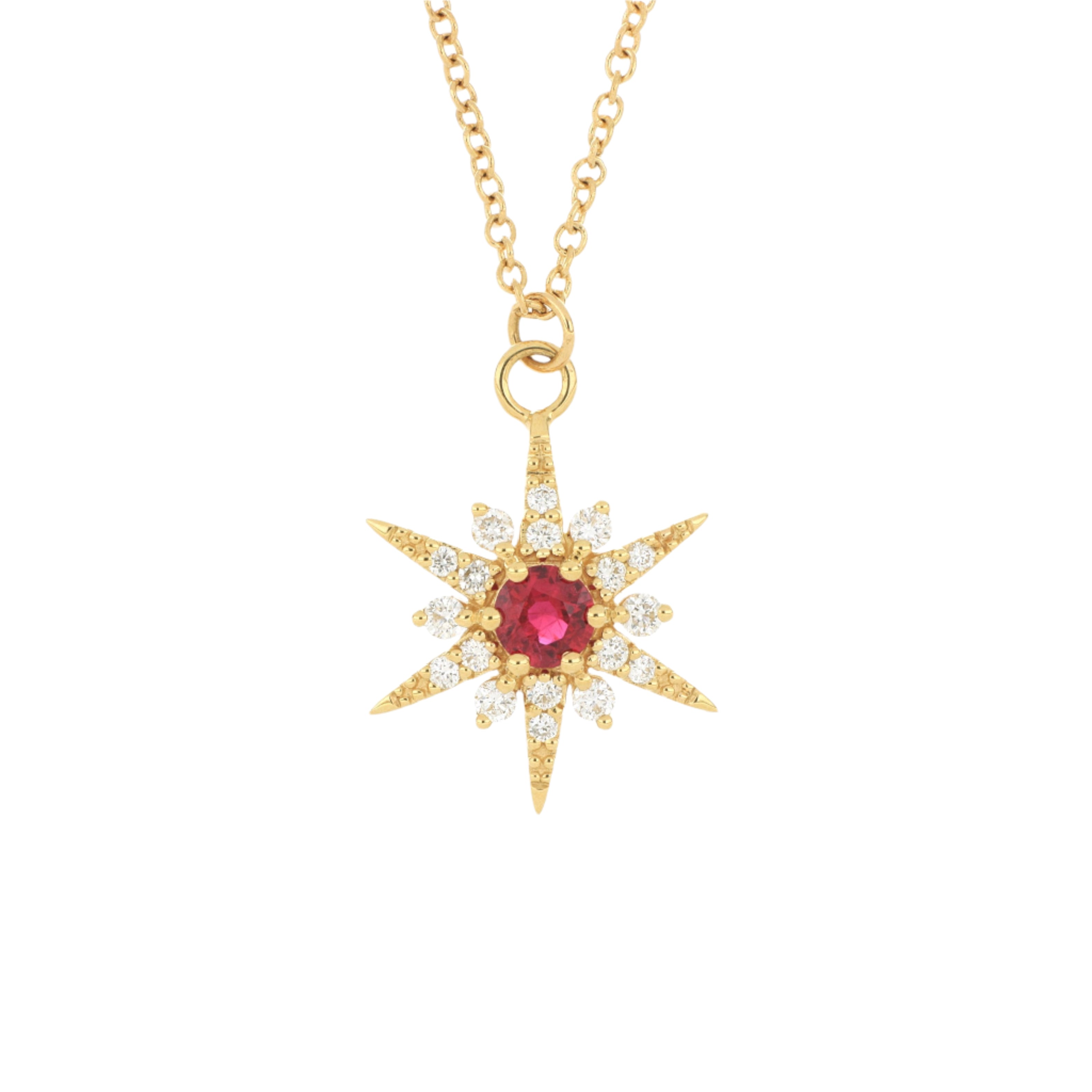 18k Yellow Gold Ruby and Diamond Accented Starburst Necklace
